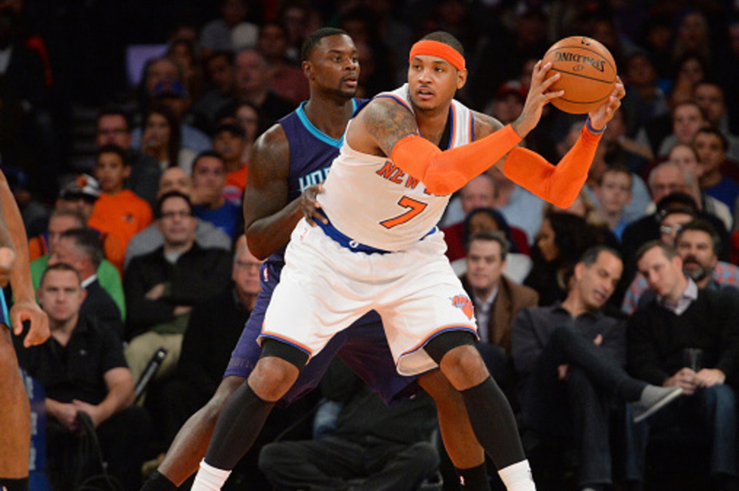NEW YORK, NY - NOVEMBER 2: Carmelo Anthony #7 of the New York Knicks looks to pass against Charlotte Hornets during the game on November 2, 2014 at Madison Square Garden in New York City, New York. NOTE TO USER: User expressly acknowledges and agrees that