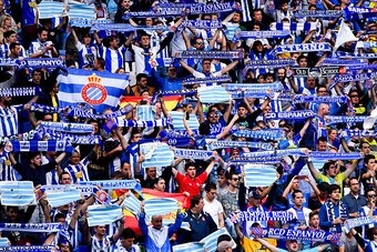 BARCELONA, SPAIN - APRIL 25:  RCD Espanyol supporters cheer on their team during the La Liga match between RCD Espanyol and FC Barcelona at Cornella-El Prat Stadium on April 25, 2015 in Barcelona, Spain.  (Photo by David Ramos/Getty Images)