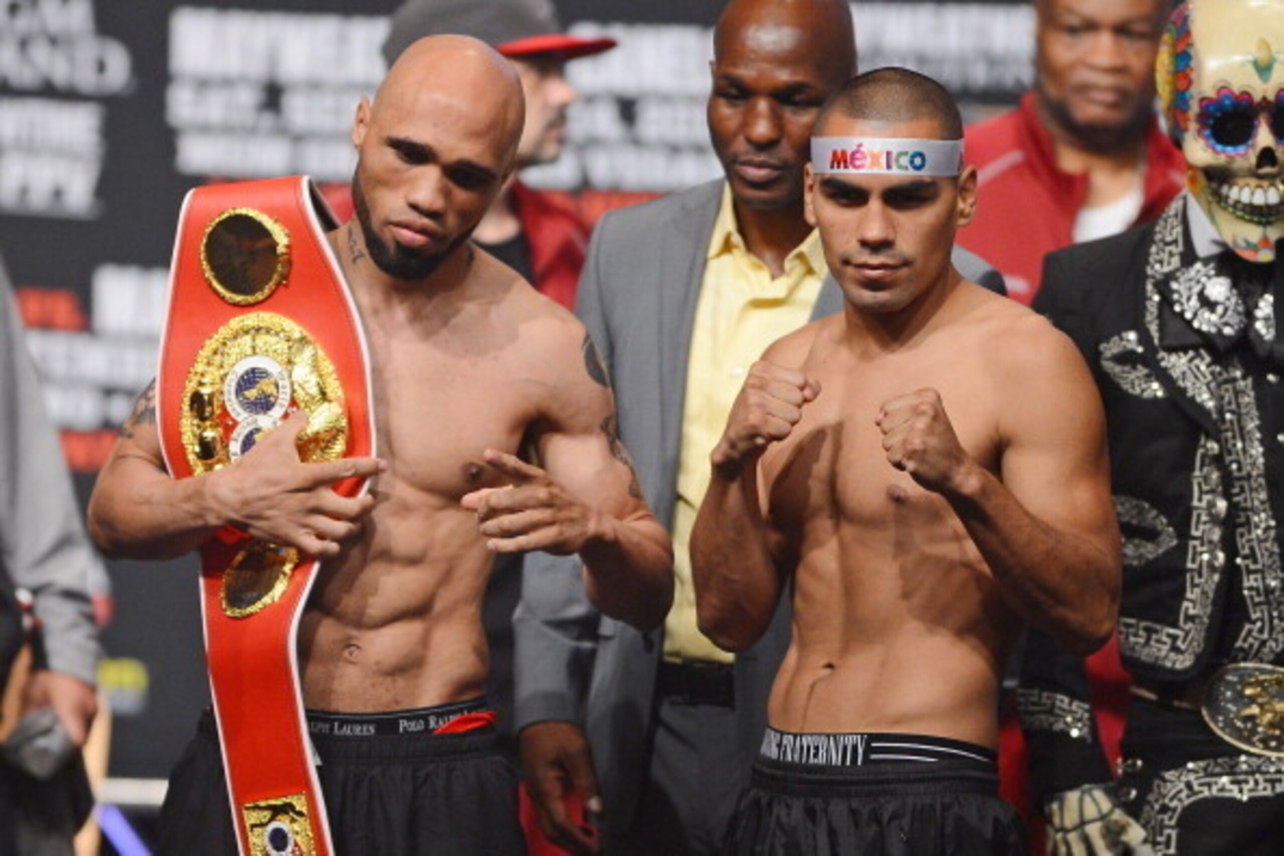 LAS VEGAS, NV - SEPTEMBER 13:  IBF junior middleweight champion Ishe Smith (L) and Carlos Molina pose during the official weigh-in for their bout at the MGM Grand Garden Arena on September 13, 2013 in Las Vegas, Nevada. Smith will defend his title against