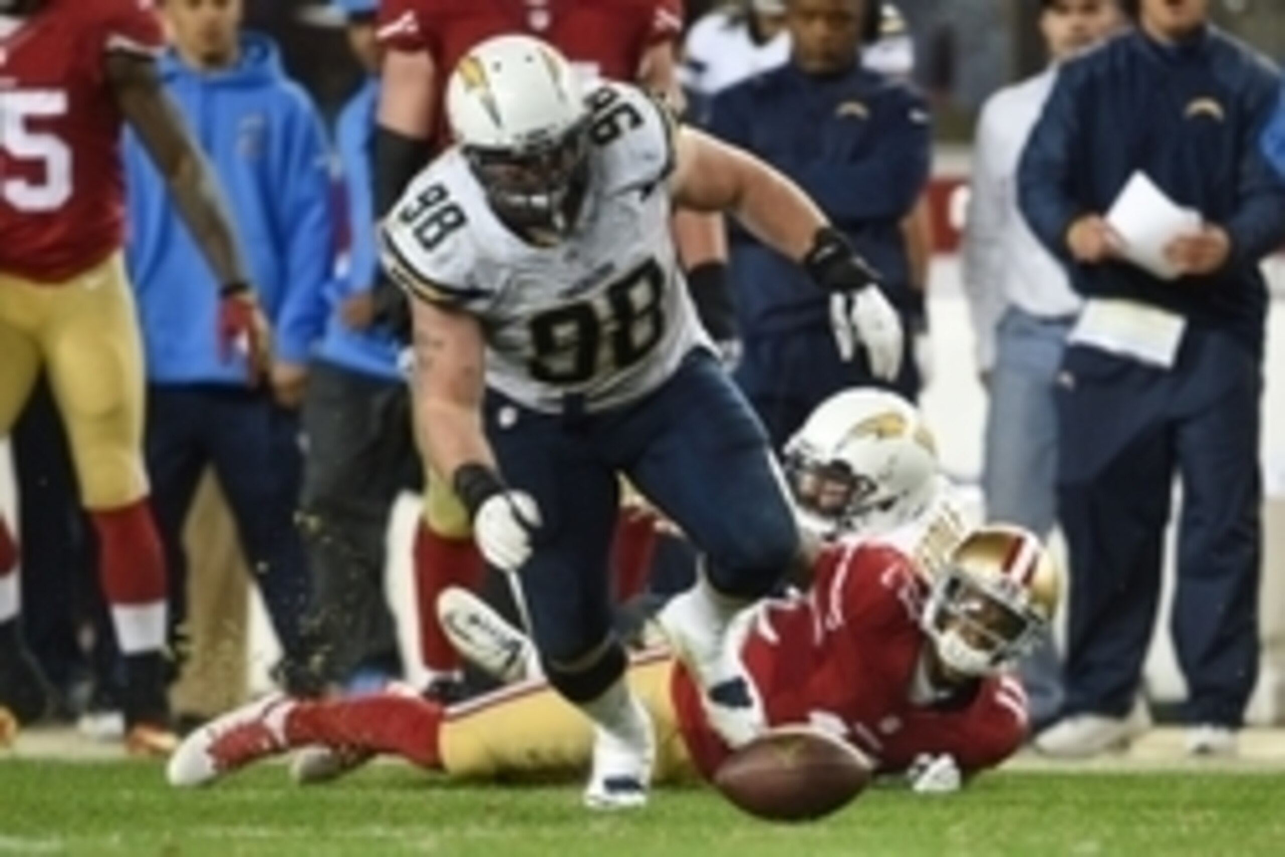 December 20, 2014; Santa Clara, CA, USA; San Diego Chargers nose tackle Sean Lissemore (98) recovers a fumble by San Francisco 49ers wide receiver Quinton Patton (11) during overtime at Levi's Stadium. The Chargers defeated the 49ers 38-35. Mandatory Cred