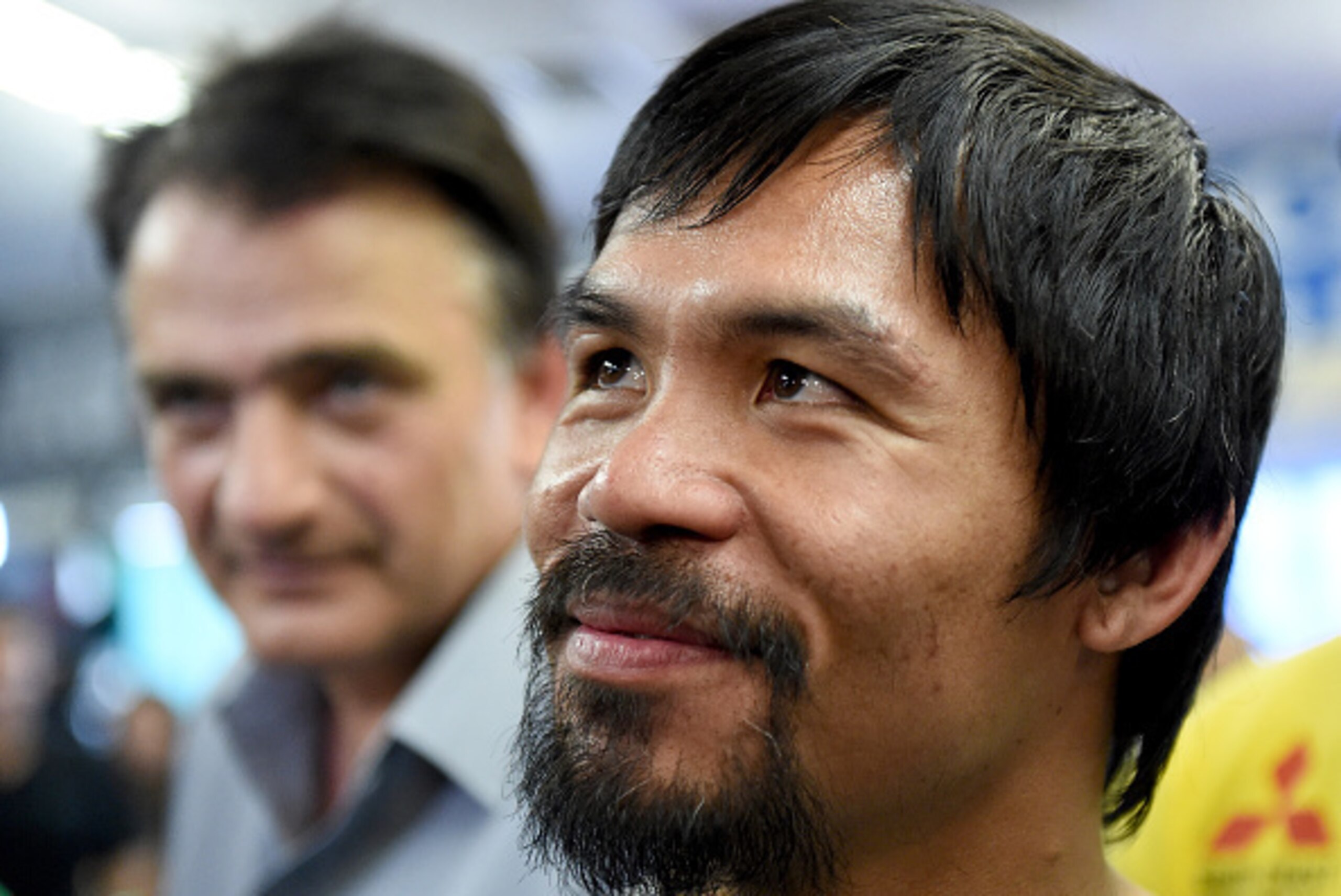 LOS ANGELES, CA - APRIL 15:  Manny Pacquiao speaks to media before a workout in preparation for his fight against Floyd Mayweather Jr. at Wild Card Boxing Club on April 15, 2015 in Los Angeles, California.  (Photo by Harry How/Getty Images)