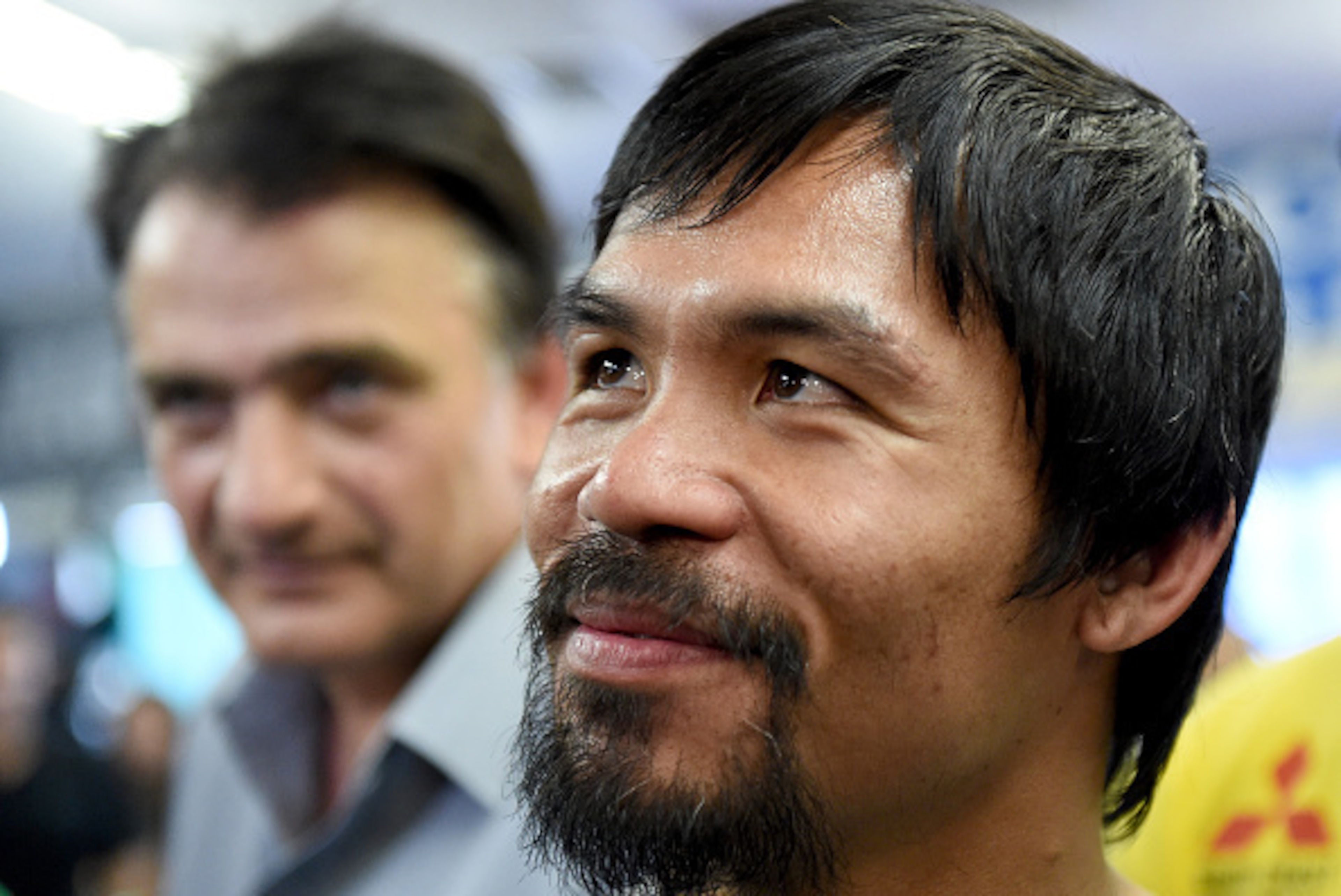 LOS ANGELES, CA - APRIL 15:  Manny Pacquiao speaks to media before a workout in preparation for his fight against Floyd Mayweather Jr. at Wild Card Boxing Club on April 15, 2015 in Los Angeles, California.  (Photo by Harry How/Getty Images)