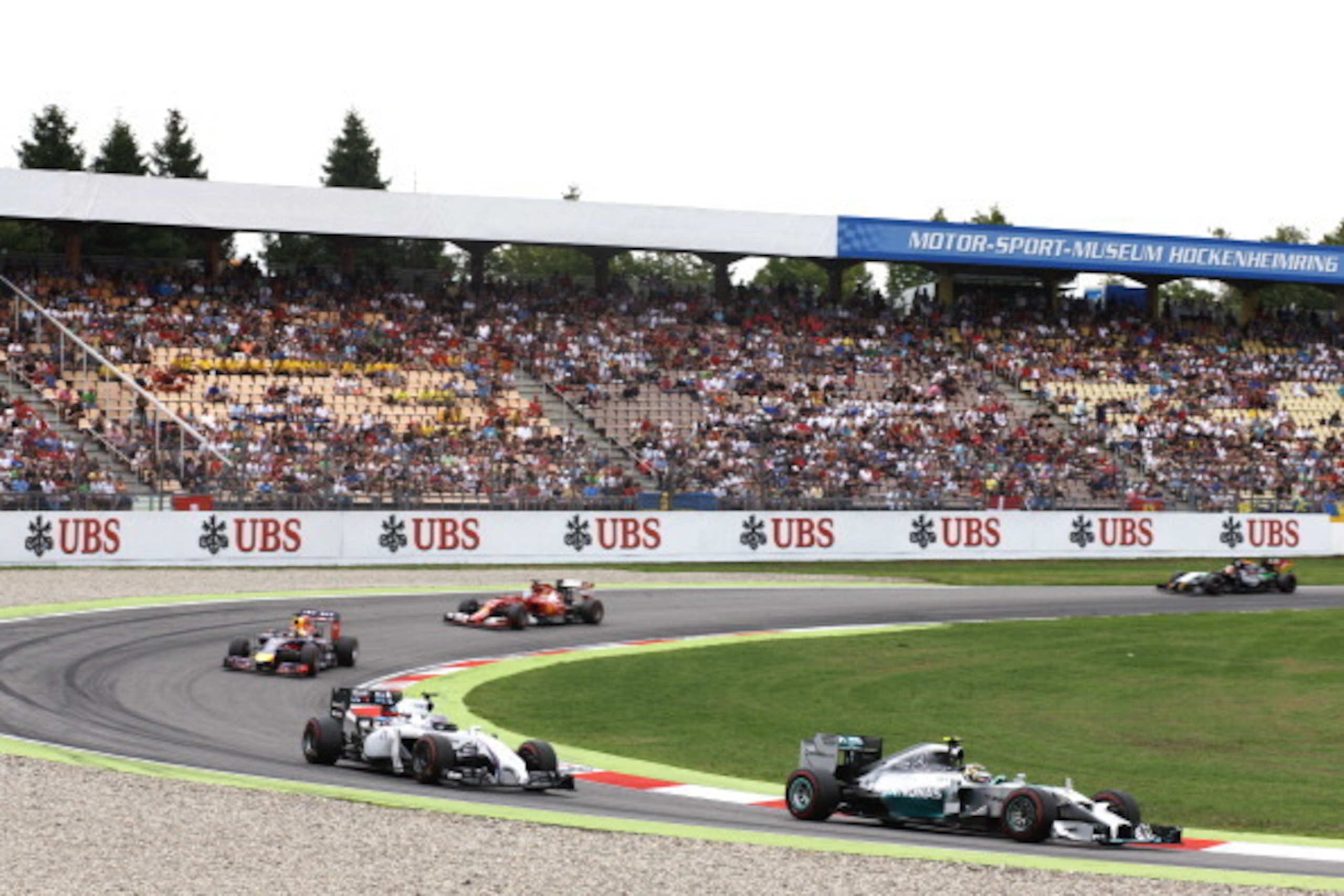 HOCKENHEIM, GERMANY - JULY 20:  Nico Rosberg of Germany and Mercedes GP leads Valtteri Bottas of Finland and Williams during the German Grand Prix at Hockenheimring on July 20, 2014 in Hockenheim, Germany.  (Photo by Drew Gibson/Getty Images)