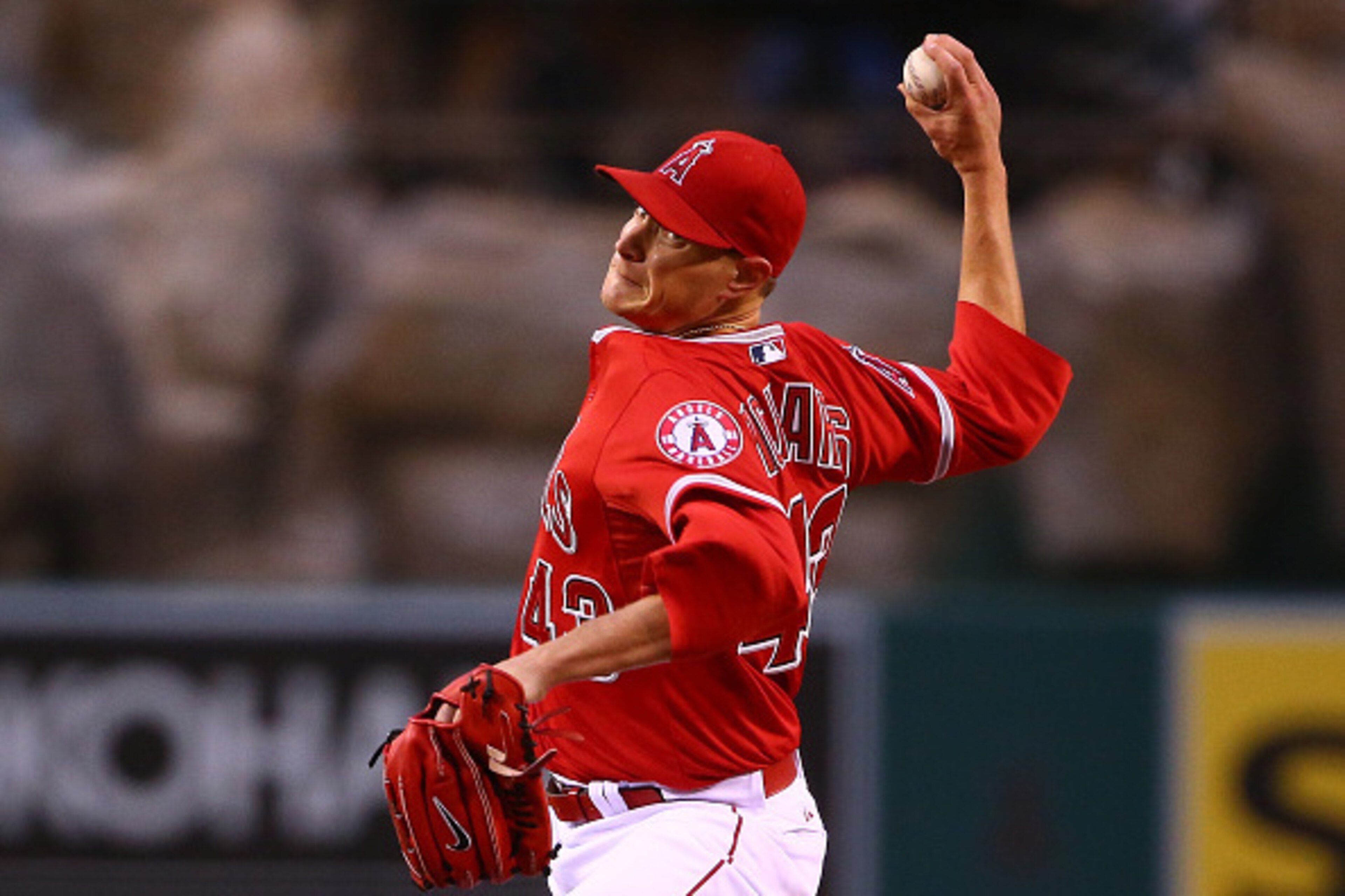 ANAHEIM, CA - APRIL 24:  Pitcher Garrett Richards #43 of the Los Angeles Angels of Anaheim pitches in the first inning against the Texas Rangers during the MLB game at Angel Stadium of Anaheim on April 24, 2015 in Anaheim, California.  (Photo by Victor De