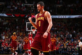 CHICAGO, IL - OCTOBER 31:  Kevin Love #0 of the Cleveland Cavaliers celebrates during a game against the Chicago Bulls at the United Center  on October 31, 2014 in Chicago, Illinois. NOTE TO USER: User expressly acknowledges and agrees that, by downloadin