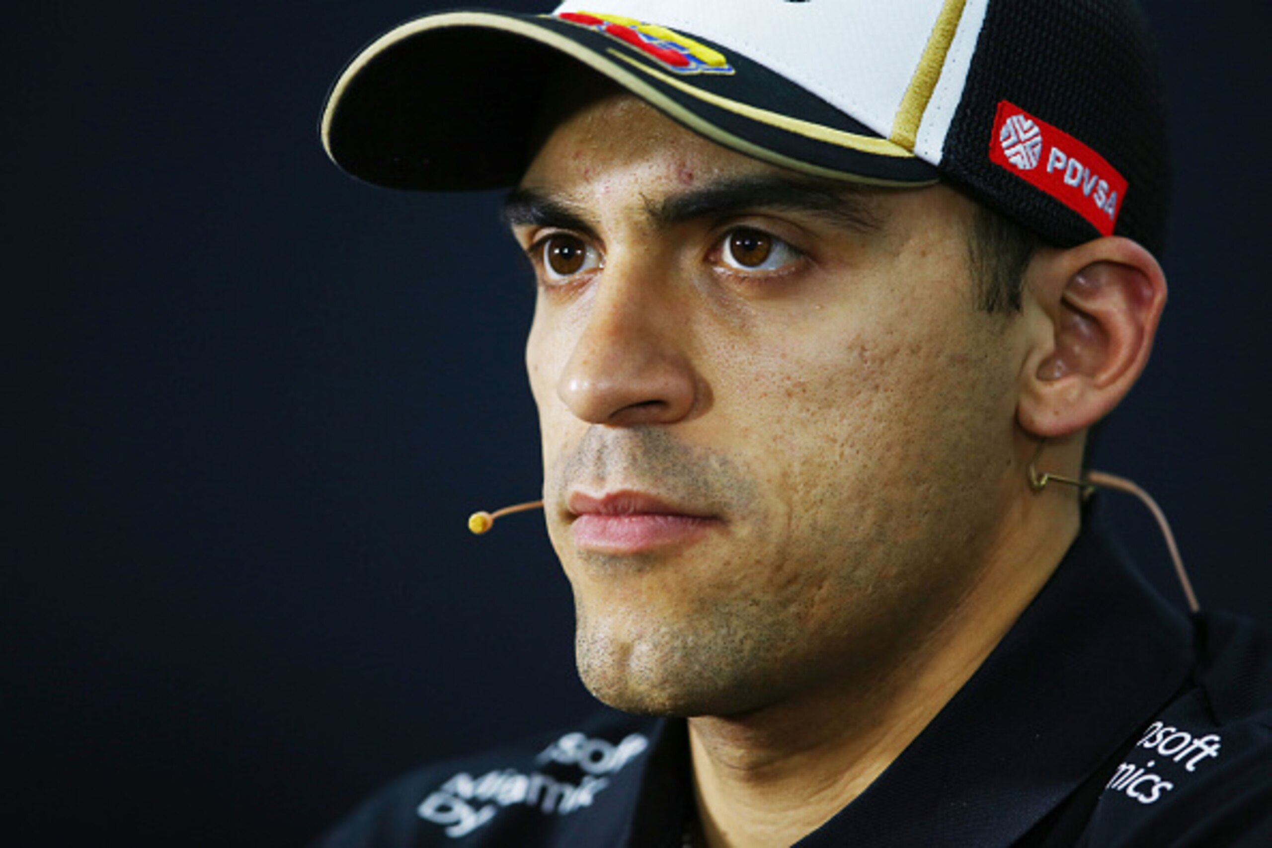 BAHRAIN, BAHRAIN - APRIL 16:  Pastor Maldonado of Venezuela and Lotus speaks to the media at the drivers press conference during previews to the Bahrain Formula One Grand Prix at Bahrain International Circuit on April 16, 2015 in Bahrain, Bahrain.  (Photo