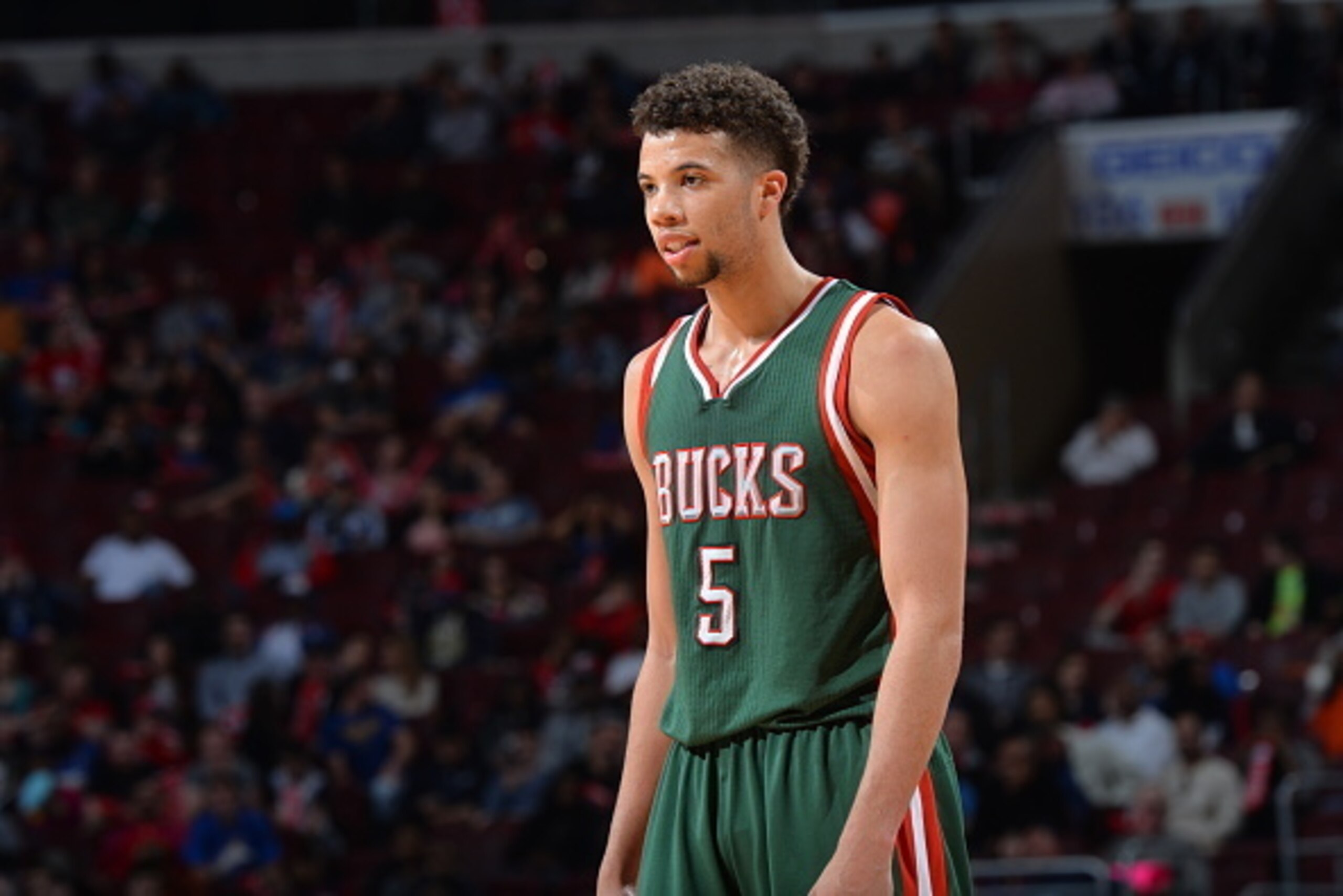PHILADELPHIA,PA - APRIL 13: Michael Carter-Williams #5 of the Milwaukee Bucks looks on against the Philadelphia 76ers at Wells Fargo Center on April 13, 2015 in Philadelphia, Pennsylvania NOTE TO USER: User expressly acknowledges and agrees that, by downl