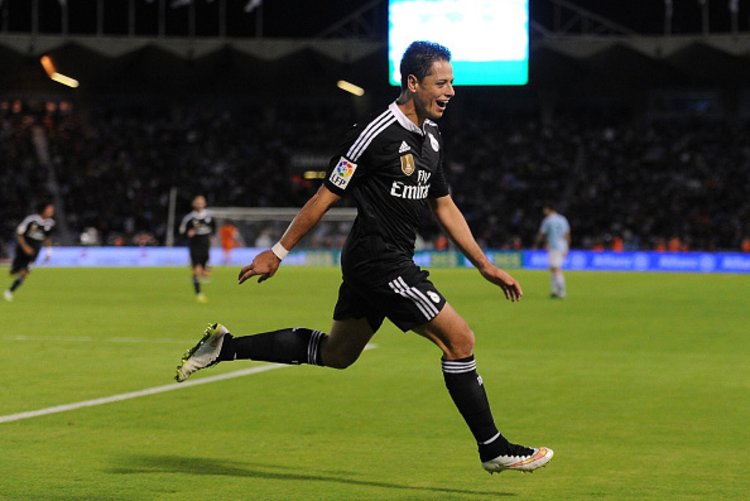 VIGO, SPAIN - APRIL 26:  Javier 'Chicharito' Hernandez of Real Madrid
 celebrates after scoring Real's 4th goal during the La Liga match between Celta Vigo and Real Madrid CF at Estadio Balaidos on April 26, 2015 in Vigo, Spain.  (Photo by Denis Doyle/Get