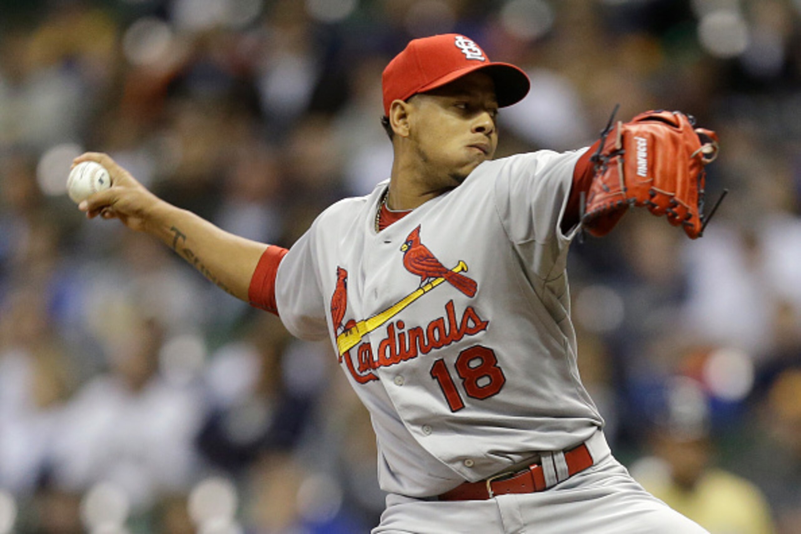 MILWAUKEE, WI - APRIL 24: Carlos Martinez #18 of the St. Louis Cardinals pitches during the first inning against the Milwaukee Brewers at Miller Park on April 24, 2015 in Milwaukee, Wisconsin. (Photo by Mike McGinnis/Getty Images)