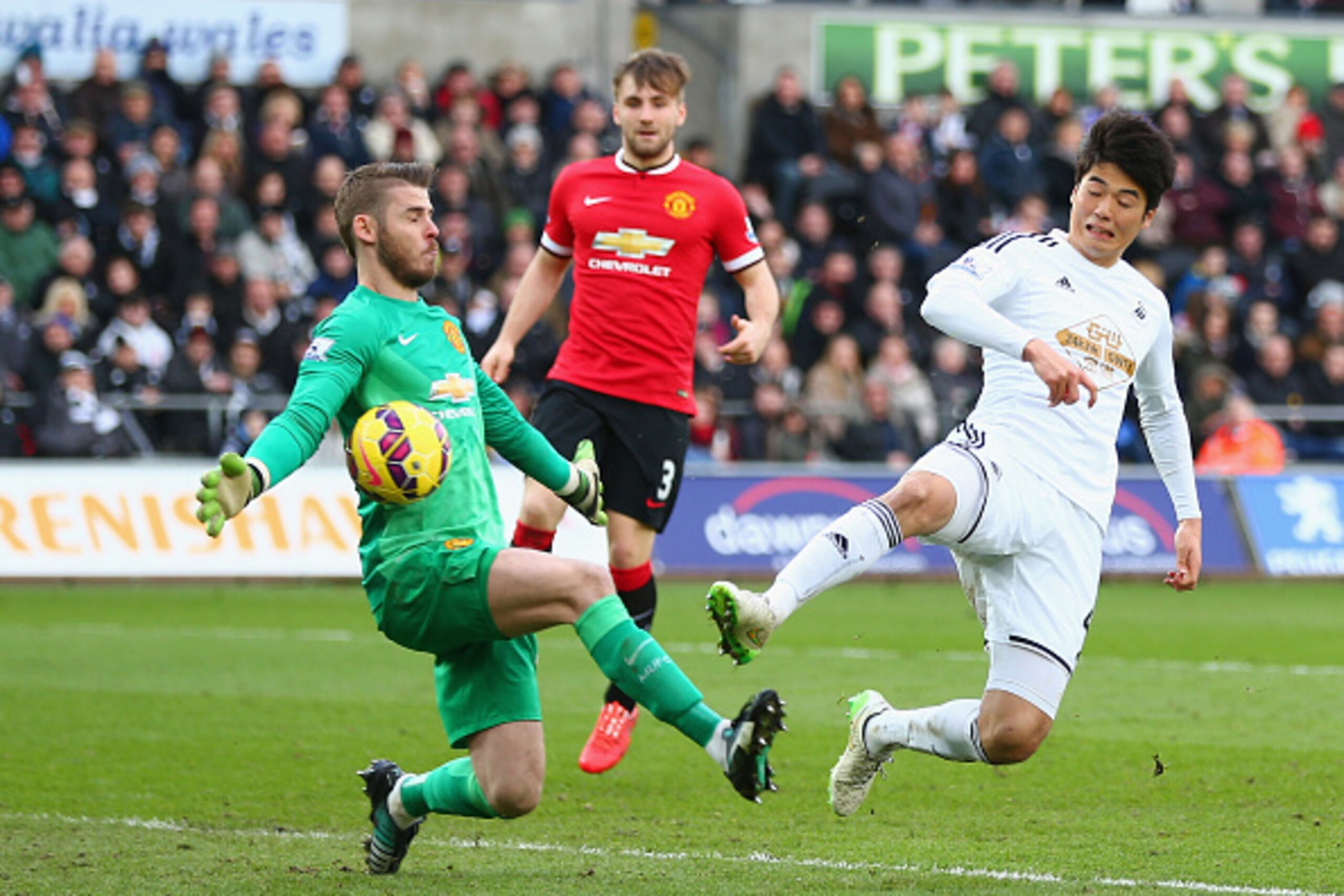 SWANSEA, WALES - FEBRUARY 21: David De Gea of Manchester United makes a save from Ki Sung-Yueng of Swansea City during the Barclays Premier League match between Swansea City and Manchester United at Liberty Stadium on February 21, 2015 in Swansea, Wales. SWANSEA, WALES - FEBRUARY 21: David De Gea of Manchester United makes a save from Ki Sung-Yueng of Swansea City during the Barclays Premier League match between Swansea City and Manchester United at Liberty Stadium on February 21, 2015 in Swansea, Wales.