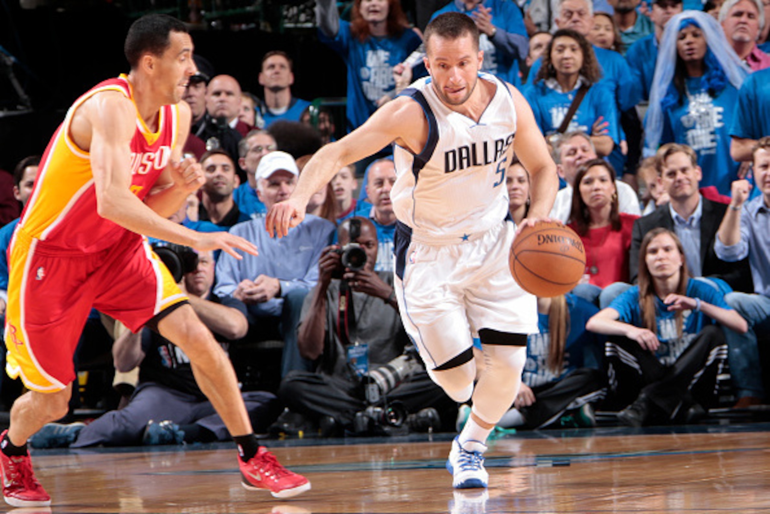 DALLAS, TX - APRIL 24: J.J. Barea #5 of the Dallas Mavericks handles the ball against the Houston Rockets during Game Three of the Western Conference Quarterfinals of the 2015 NBA Playoffs on April 24, 2015 at the American Airlines Center in Dallas, Texas