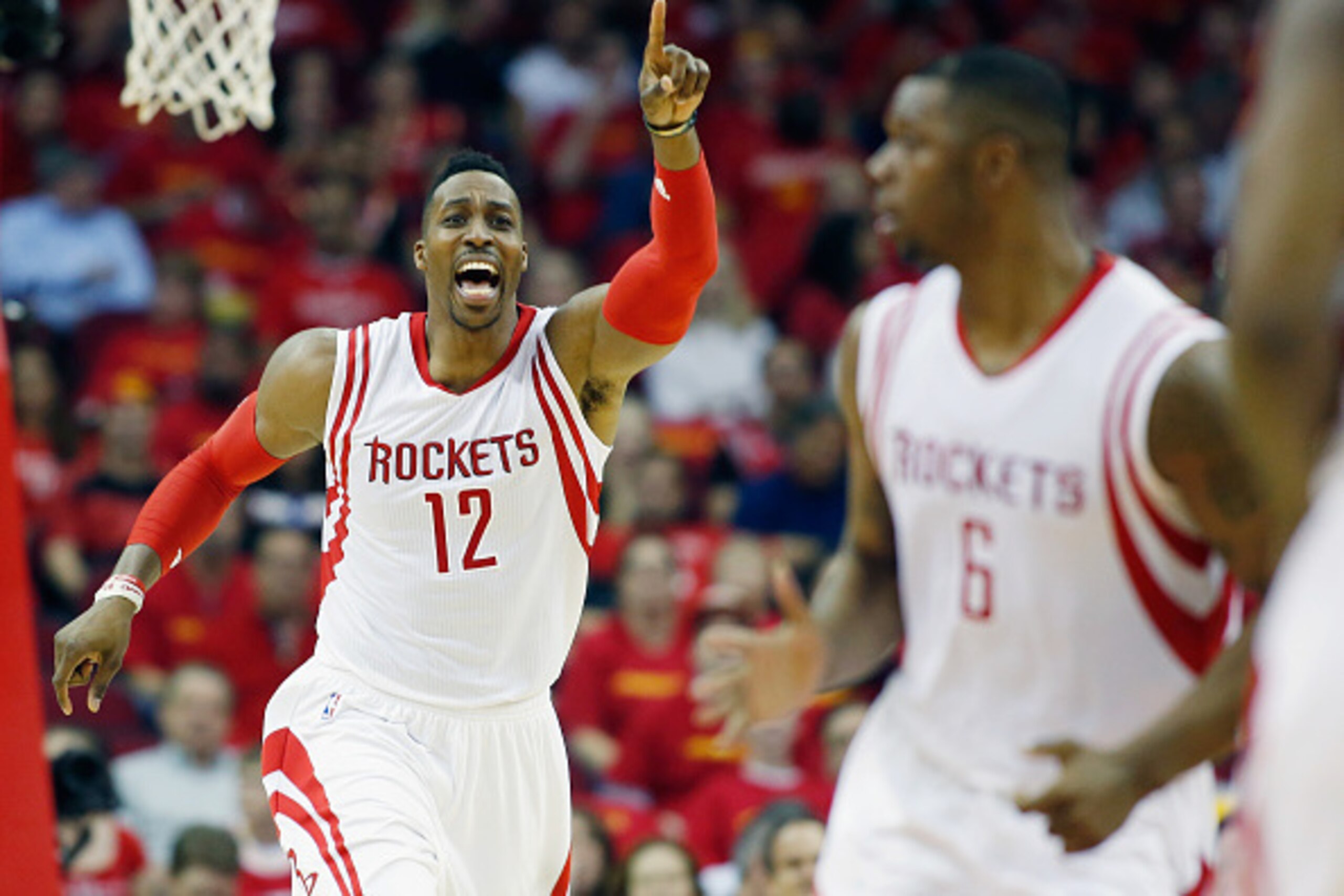 HOUSTON, TX - APRIL 28: Dwight Howard #12 of the Houston Rockets calls a play against the Dallas Mavericks during Game Five in the Western Conference Quarterfinals of the 2015 NBA Playoffs on April 28, 2015 at the Toyota Center in Houston, Texas. NOTE TO HOUSTON, TX - APRIL 28: Dwight Howard #12 of the Houston Rockets calls a play against the Dallas Mavericks during Game Five in the Western Conference Quarterfinals of the 2015 NBA Playoffs on April 28, 2015 at the Toyota Center in Houston, Texas. NOTE TO