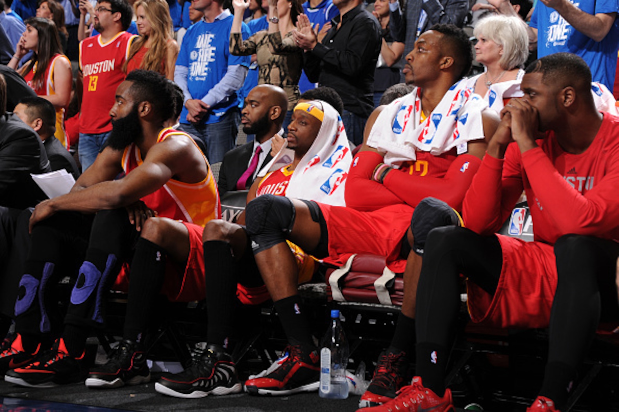 DALLAS, TX - APRIL 26: (L-R) James Harden #13, Jason Terry #31, and Dwight Howard #12 of the Houston Rockets on the bench during the game against the Dallas Mavericks in Game Four of the Western Conference Quarterfinals during the 2015 NBA Playoffs on Ap DALLAS, TX - APRIL 26: (L-R) James Harden #13, Jason Terry #31, and Dwight Howard #12 of the Houston Rockets on the bench during the game against the Dallas Mavericks in Game Four of the Western Conference Quarterfinals during the 2015 NBA Playoffs on Ap