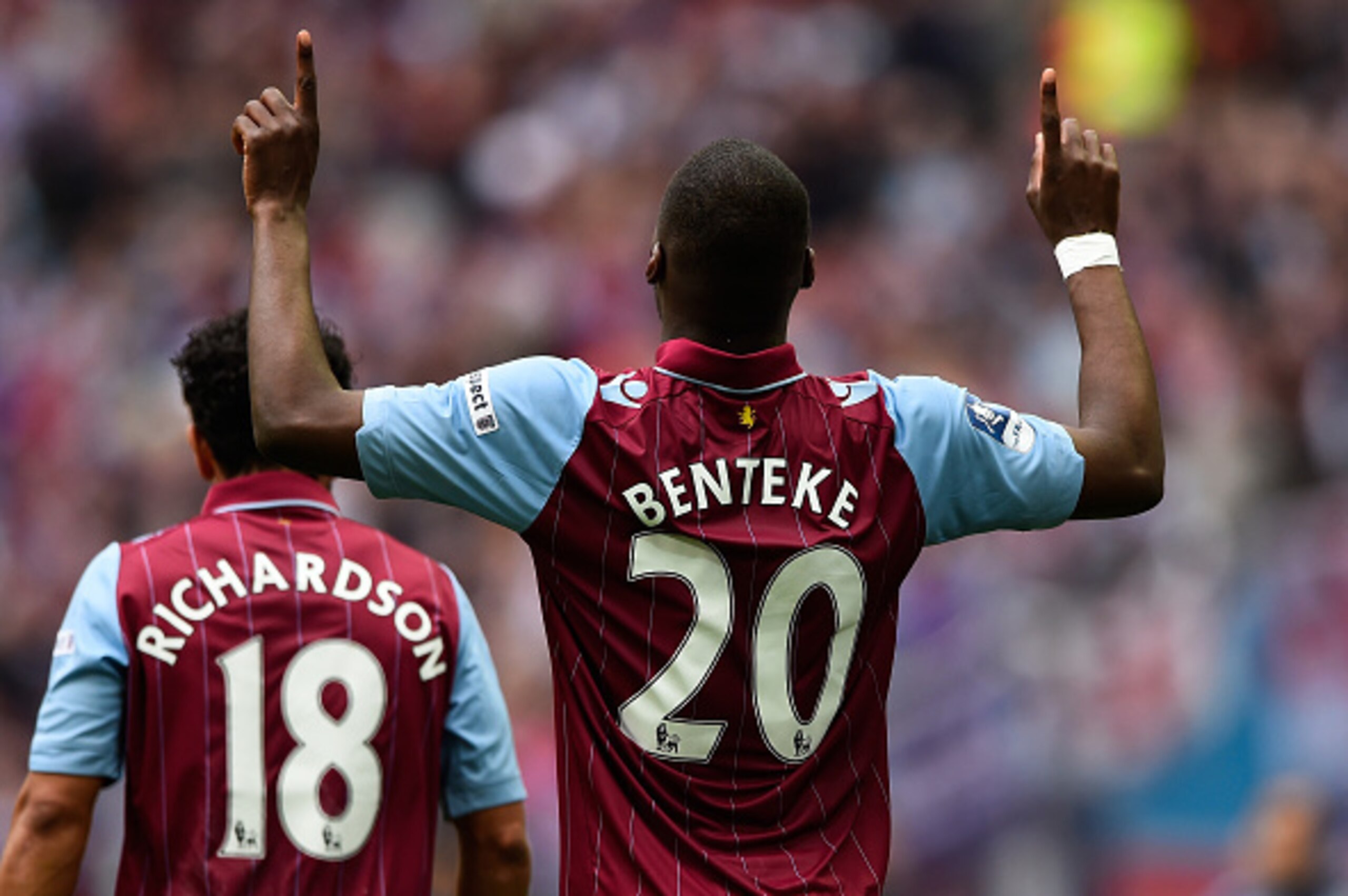 LONDON, ENGLAND - APRIL 19:  Christian Benteke of Aston Villa celebrates scoring their first goal during the FA Cup Semi Final between Aston Villa and Liverpool at Wembley Stadium on April 19, 2015 in London, England.  (Photo by Mike Hewitt/Getty Images)