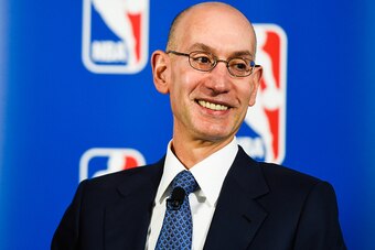 NEW YORK, NY - APRIL 13:  NBA Commissioner Adam Silver looks on during a press conference to announce a marketing partnership between the NBA and PepsiCo on April 13, 2015 at Terminal 23 in New York City. Pepsi will replace Coca-Cola Co with league sponso
