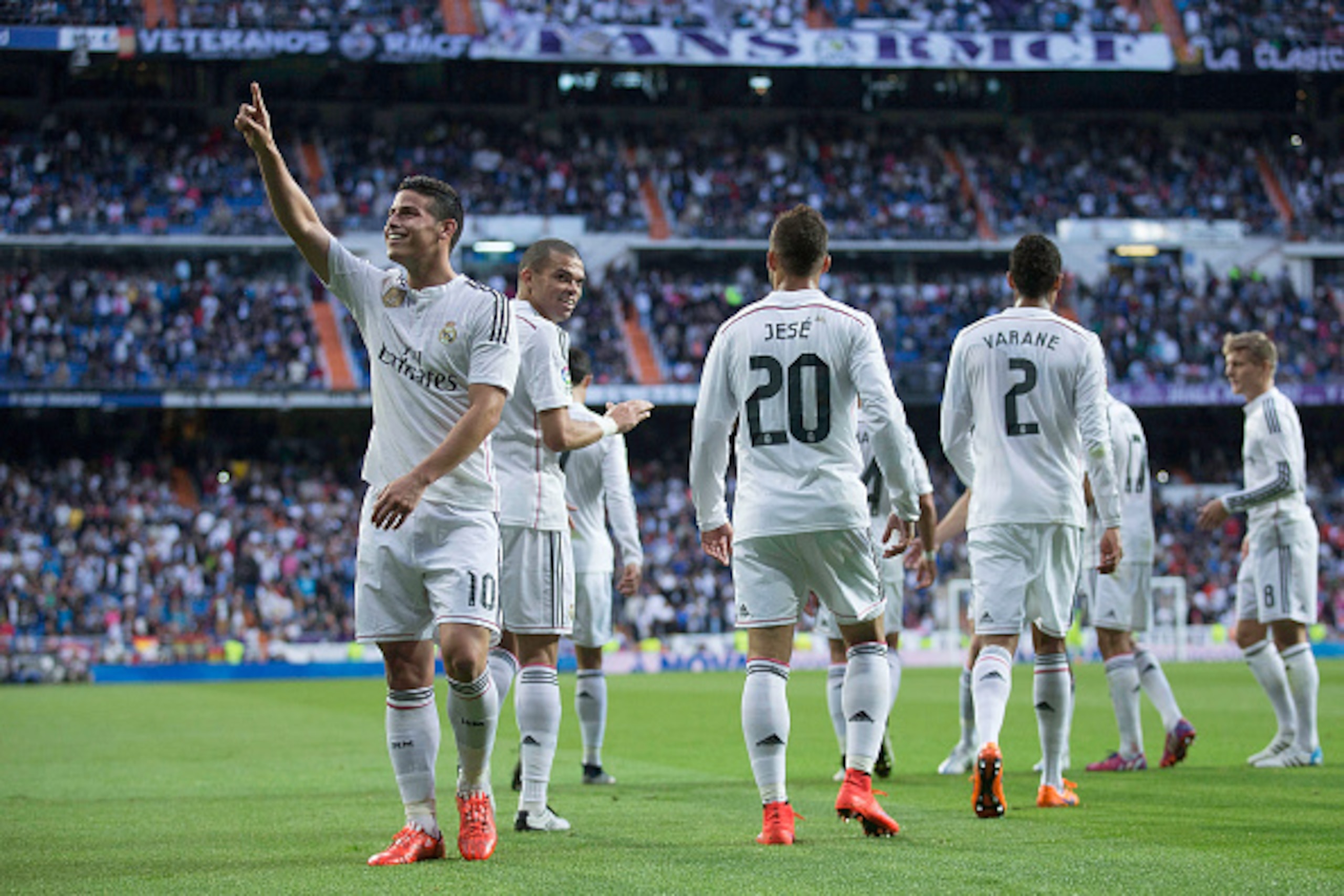 MADRID, SPAIN - APRIL 29: James Rodriguez of Real Madrid CF celebrates scoring their opening goal during the La Liga match between Real Madrid CF and UD Almeria at Estadio Santiago Bernabeu on April 29, 2015 in Madrid, Spain. (Photo by Gonzalo Arroyo Mo MADRID, SPAIN - APRIL 29: James Rodriguez of Real Madrid CF celebrates scoring their opening goal during the La Liga match between Real Madrid CF and UD Almeria at Estadio Santiago Bernabeu on April 29, 2015 in Madrid, Spain. (Photo by Gonzalo Arroyo Mo
