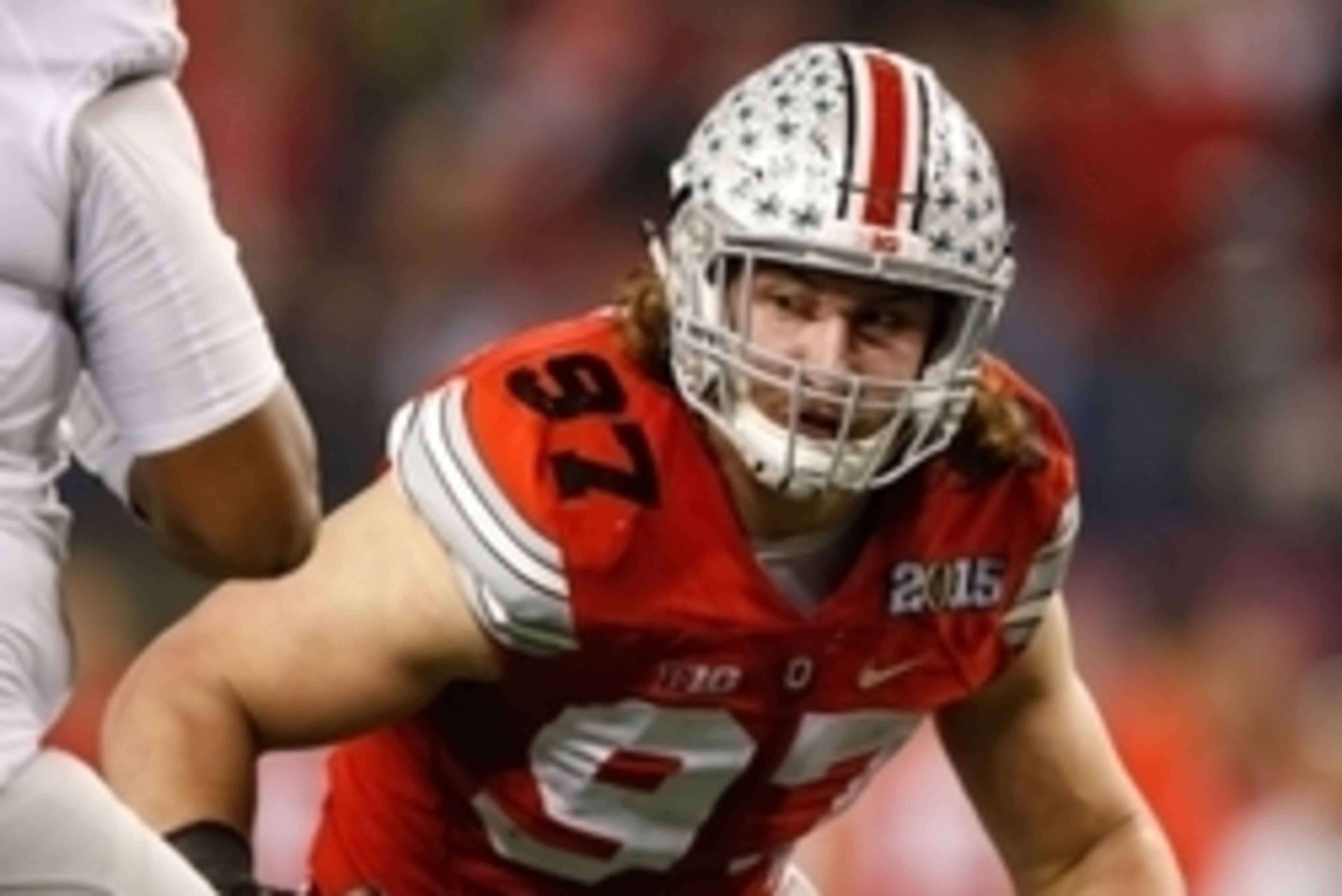 Jan 12, 2015; Arlington, TX, USA; Ohio State Buckeyes defensive lineman Joey Bosa (97) in game action against the Oregon Ducks in the 2015 CFP National Championship Game at AT&T Stadium. Ohio State won 42-20. Mandatory Credit: Tim Heitman-USA TODAY Sports