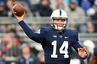 STATE COLLEGE, PA - NOVEMBER 29:  Christian Hackenberg #14 of the Penn State Nittany Lions throws a pass during the first quarter against the Michigan State Spartans at Beaver Stadium on November 29, 2014 in State College, Pennsylvania.  (Photo by Joe Sar