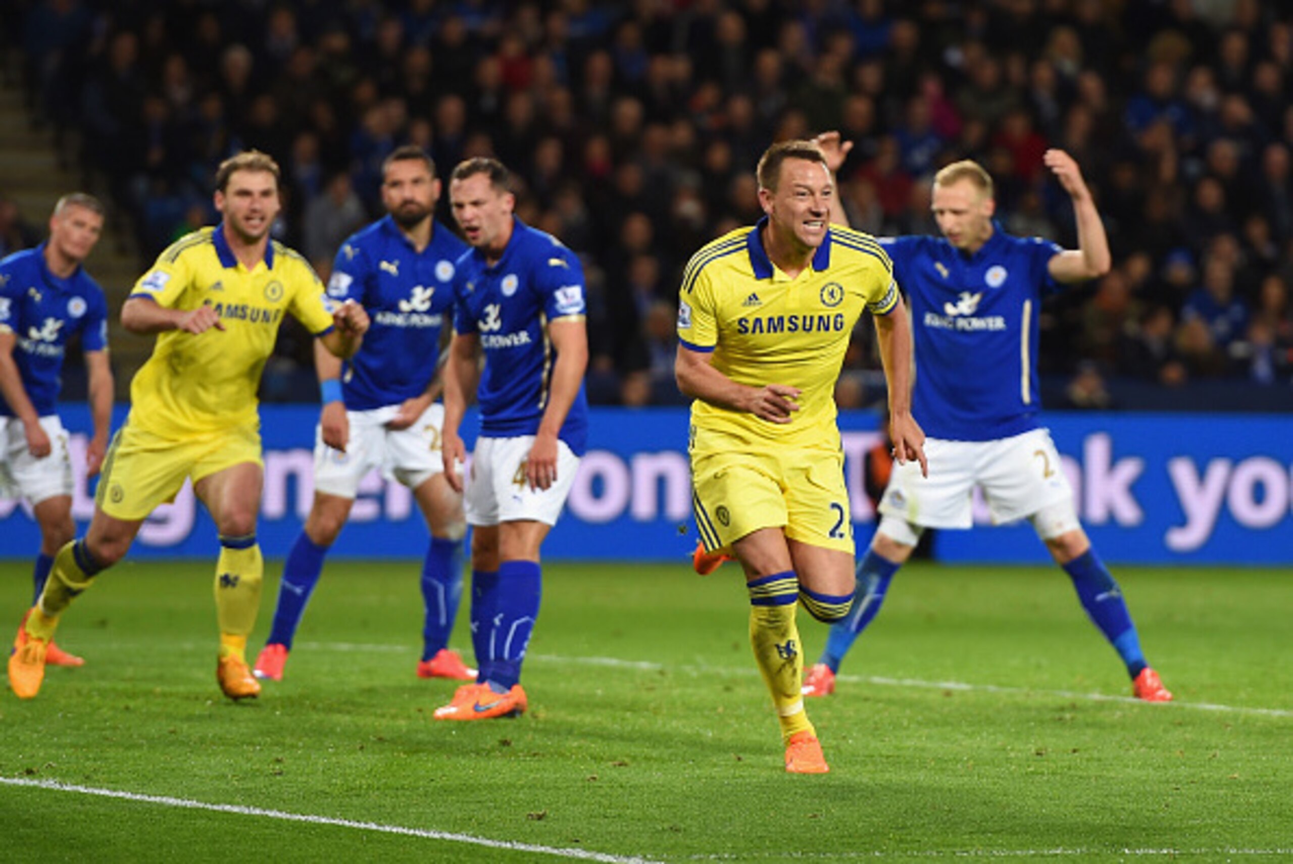 LEICESTER, ENGLAND - APRIL 29:  John Terry of Chelsea celebrates scoring their second goal during the Barclays Premier League match between Leicester City and Chelsea at The King Power Stadium on April 29, 2015 in Leicester, England.  (Photo by Michael Re