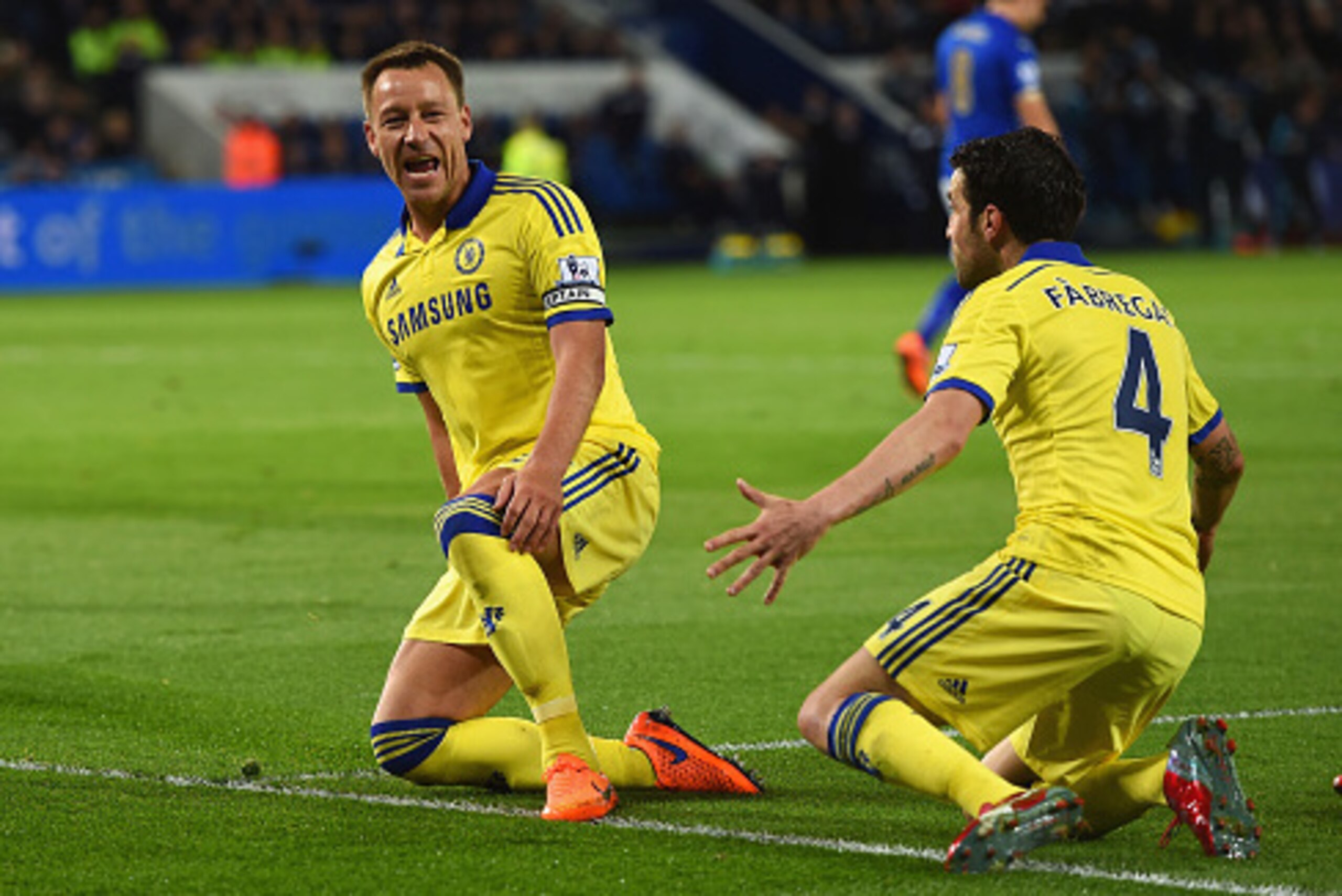 LEICESTER, ENGLAND - APRIL 29: John Terry of Chelsea celebrates scoring their second goal with Cesc Fabregas of Chelsea during the Barclays Premier League match between Leicester City and Chelsea at The King Power Stadium on April 29, 2015 in Leicester, LEICESTER, ENGLAND - APRIL 29: John Terry of Chelsea celebrates scoring their second goal with Cesc Fabregas of Chelsea during the Barclays Premier League match between Leicester City and Chelsea at The King Power Stadium on April 29, 2015 in Leicester,