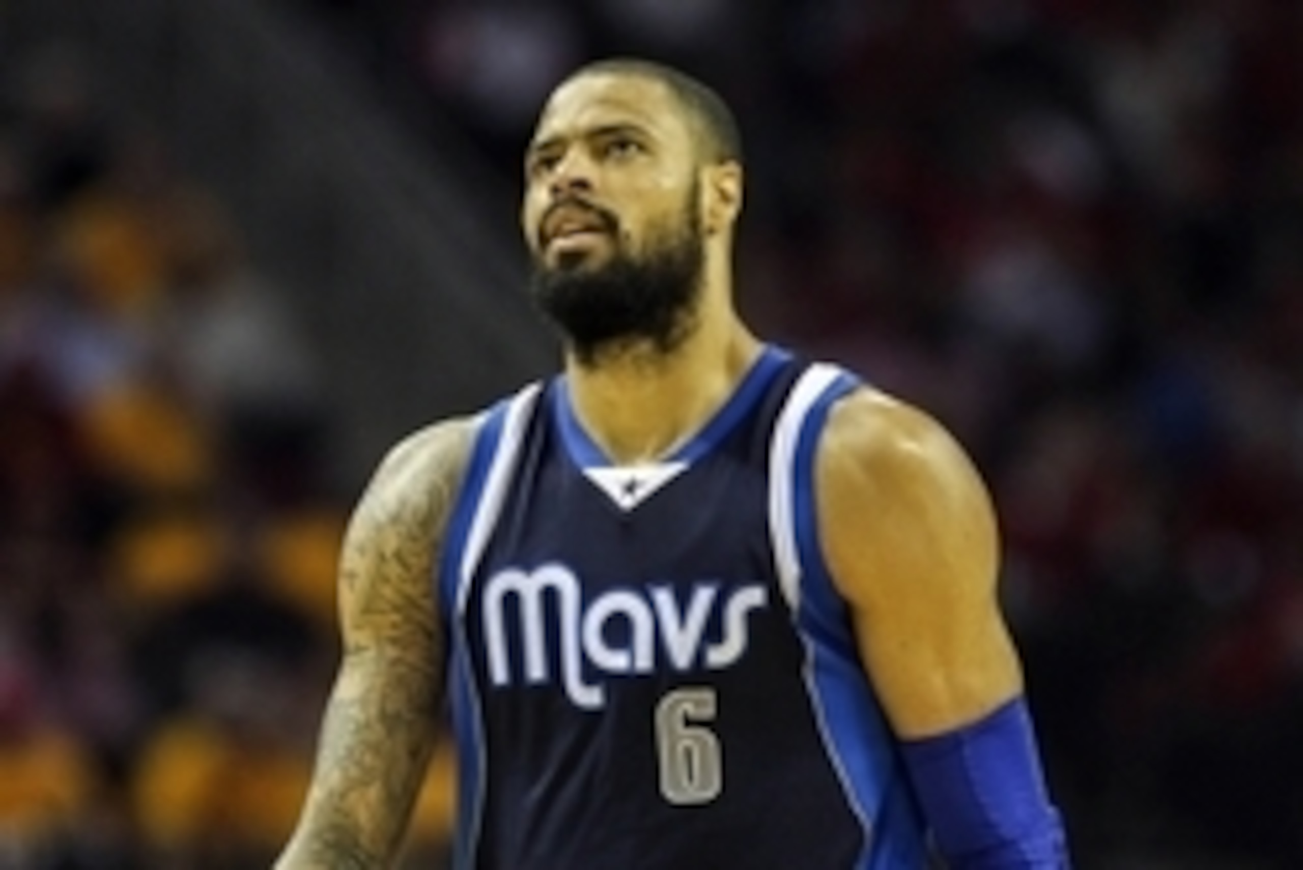 Apr 28, 2015; Houston, TX, USA; Dallas Mavericks center Tyson Chandler (6) reacts after a play during the second quarter against the Houston Rockets in game five of the first round of the NBA Playoffs at Toyota Center. Mandatory Credit: Troy Taormina-USA 