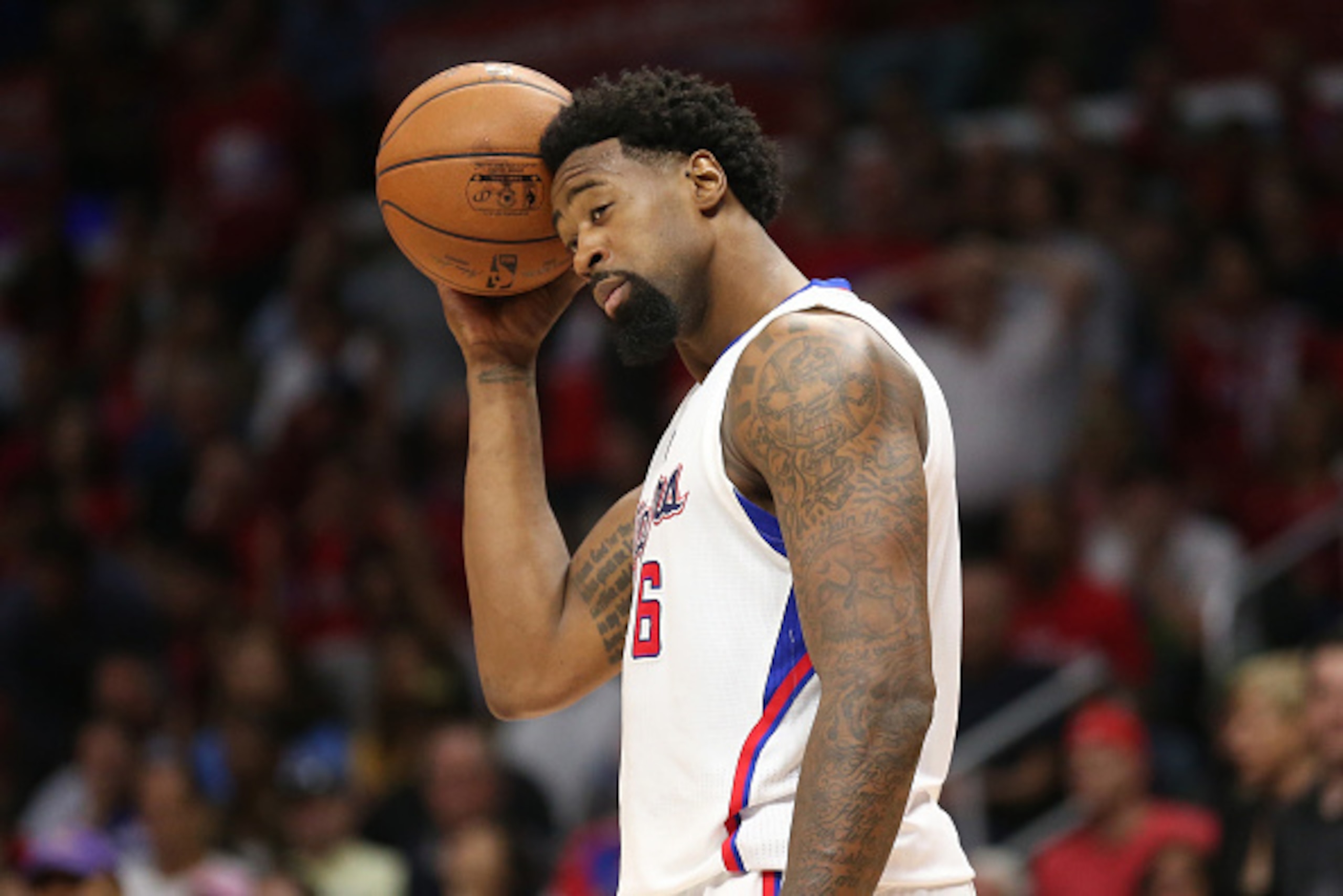 LOS ANGELES, CA - APRIL 28:  DeAndre Jordan #6 of the Los Angeles Clippers reacts after being called for a foul against the San Antonio Spurs during Game Five of the Western Conference quarterfinals of the 2015 NBA Playoffs at Staples Center on April 28, 