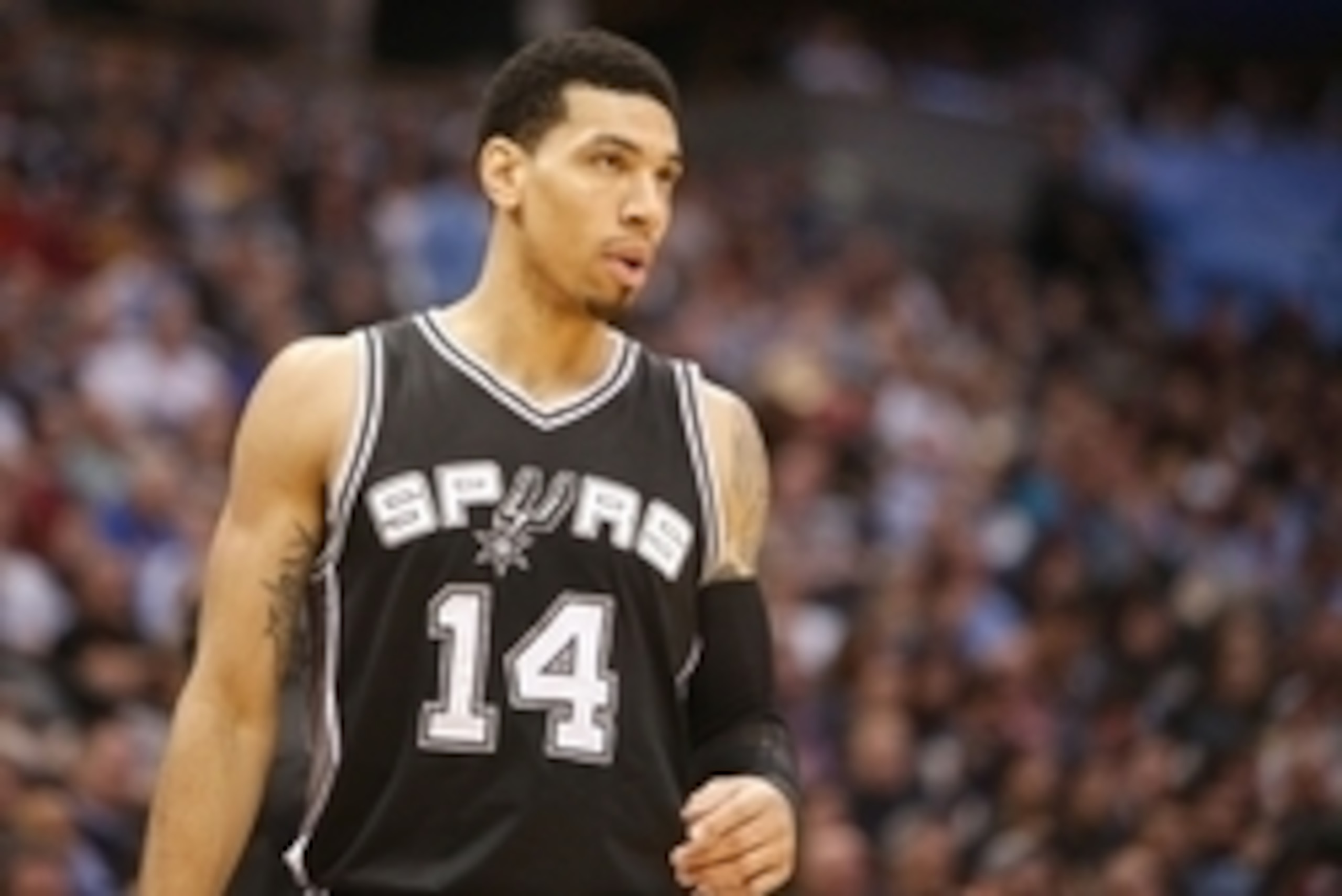 Jan 20, 2015; Denver, CO, USA; San Antonio Spurs guard Danny Green (14) during the game against the Denver Nuggets at Pepsi Center. Mandatory Credit: Chris Humphreys-USA TODAY Sports