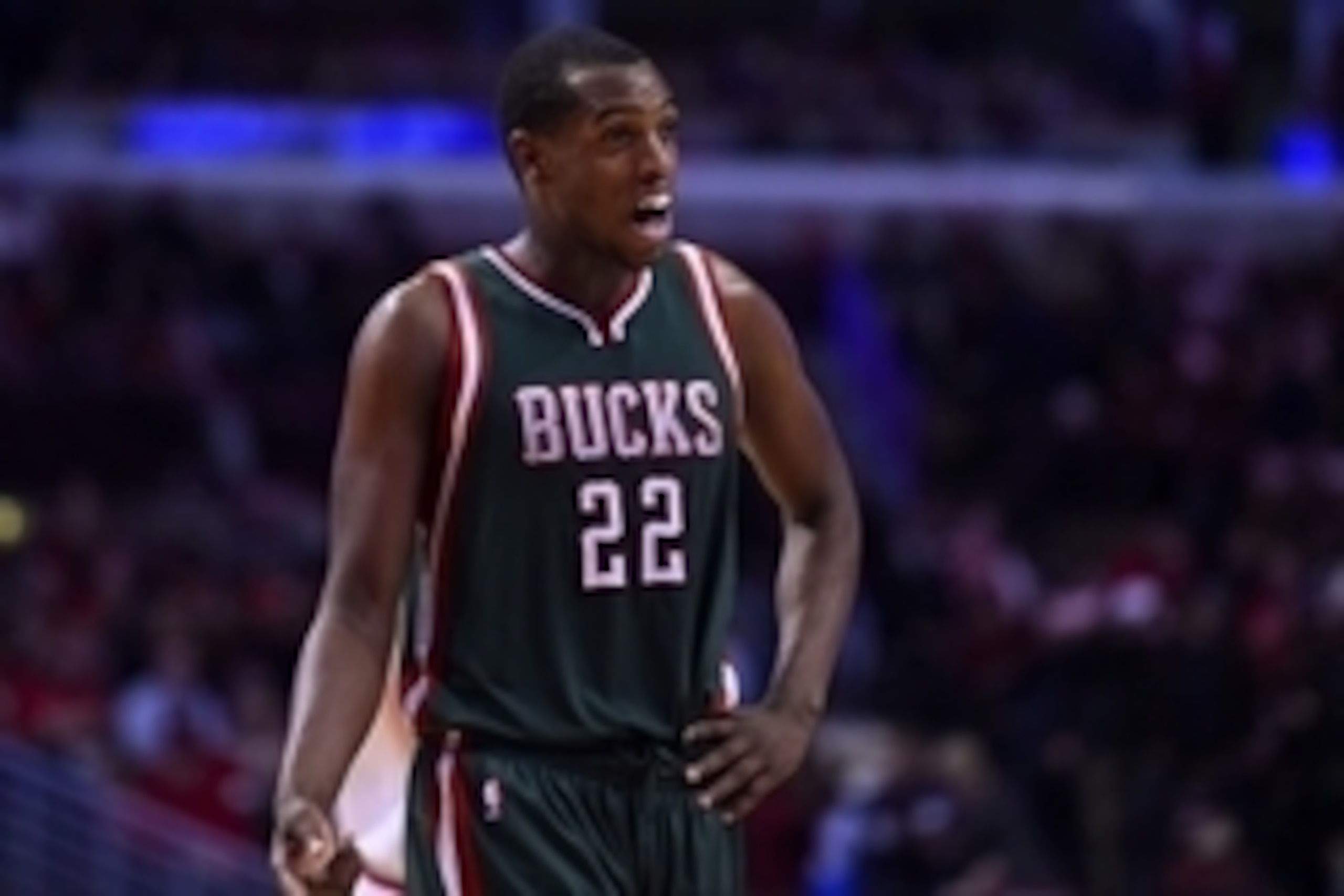 Apr 20, 2015; Chicago, IL, USA; Milwaukee Bucks guard Khris Middleton (22) reacts against the Chicago Bulls during the second half in game two of the first round of the 2015 NBA Playoffs at the United Center. The Chicago Bulls defeat the Milwaukee Bucks 9