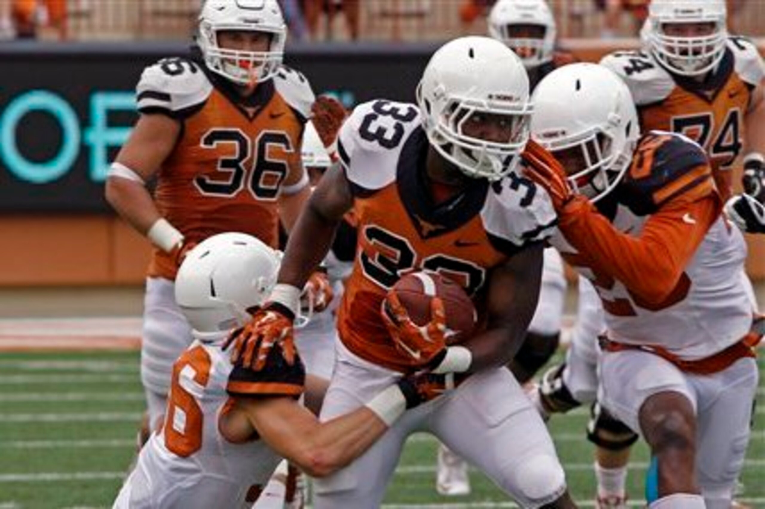 Foreman ran hard in the spring game on his way to 84 yards on 12 carries.