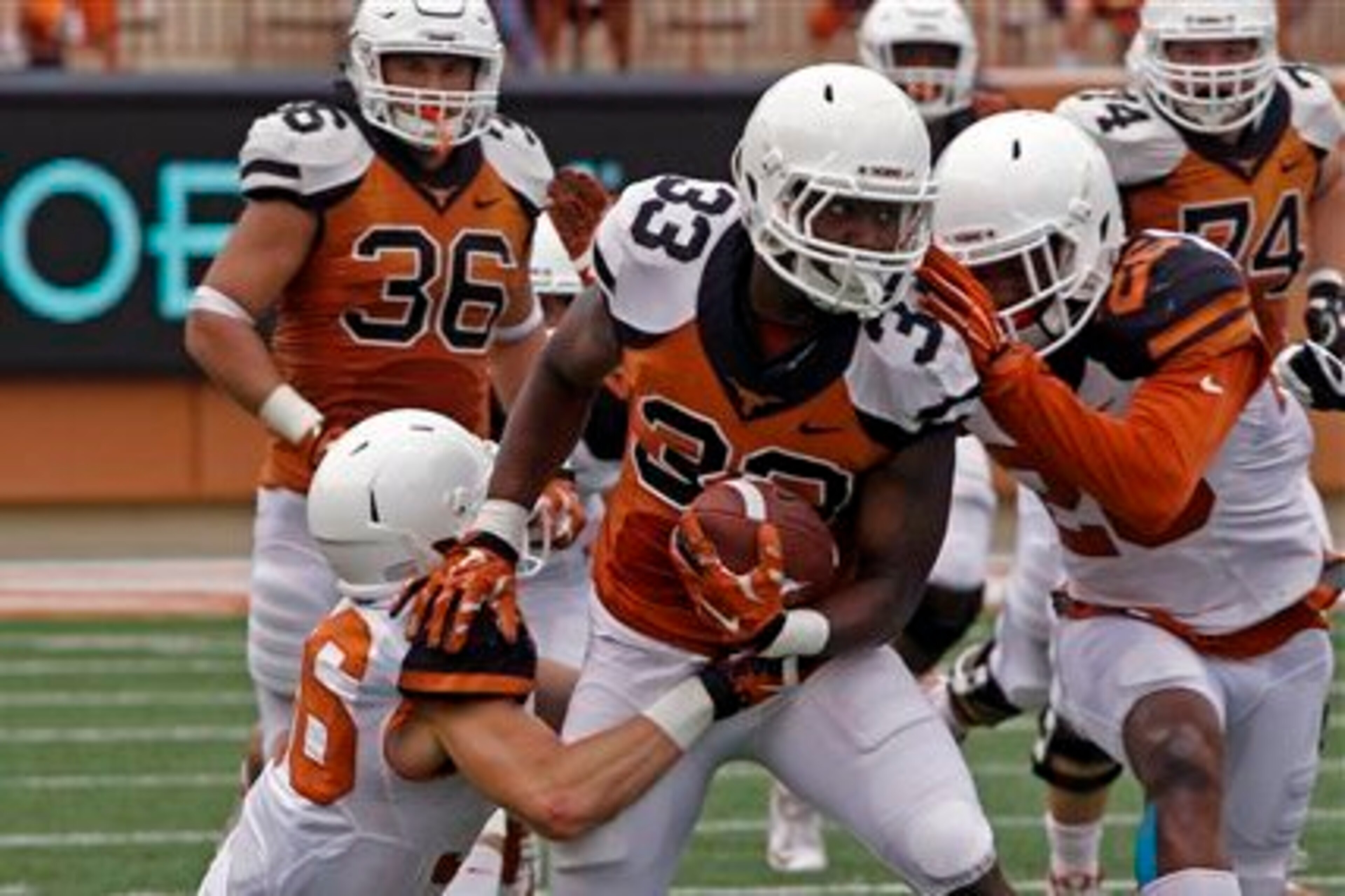 Foreman ran hard in the spring game on his way to 84 yards on 12 carries.