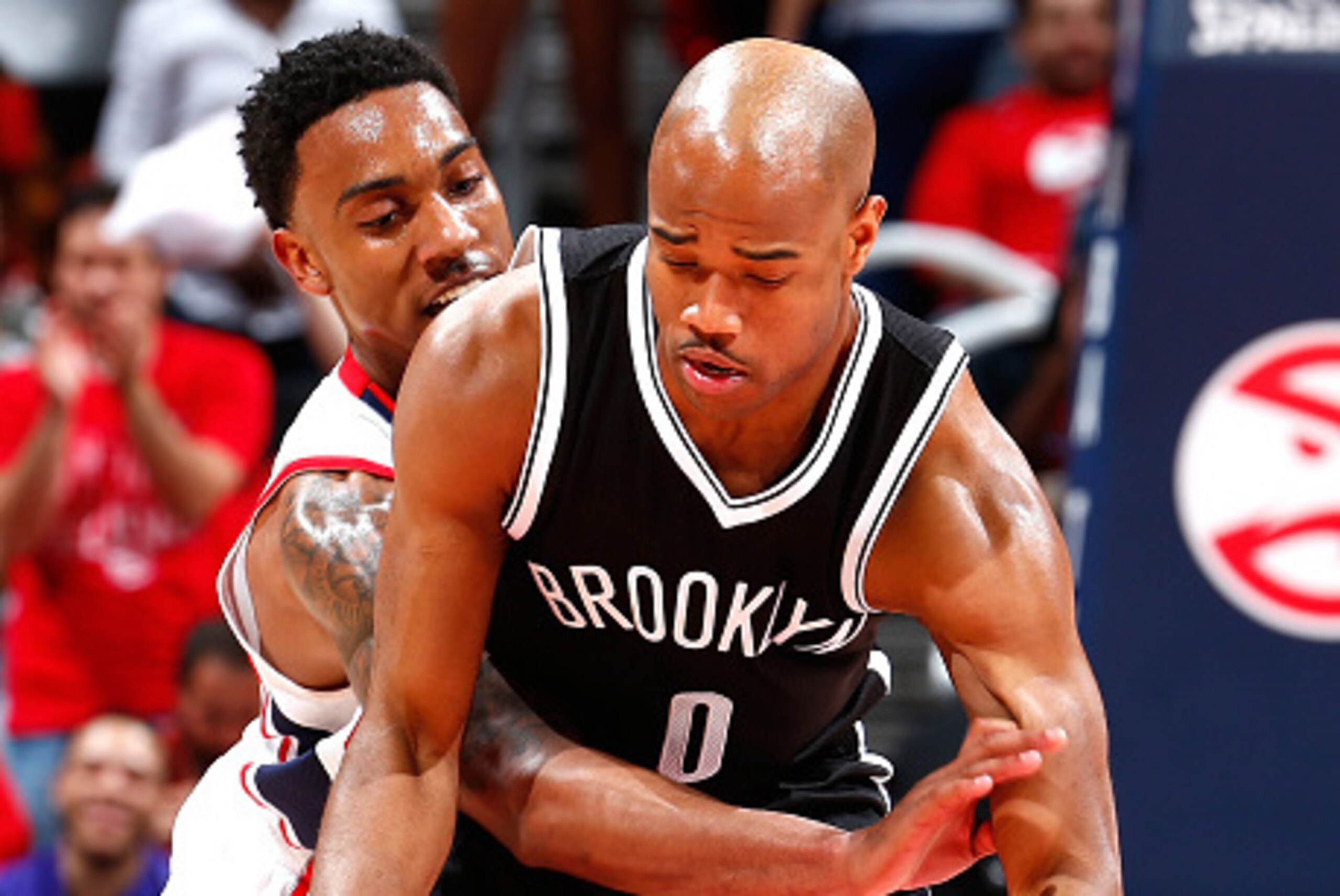 ATLANTA, GA - APRIL 29: Jeff Teague #0 of the Atlanta Hawks defends against Jarrett Jack #0 of the Brooklyn Nets during Game Five of the Eastern Conference Quarterfinals of the NBA Playoffs at Philips Arena on April 29, 2015 in Atlanta, Georgia. NOTE TO ATLANTA, GA - APRIL 29: Jeff Teague #0 of the Atlanta Hawks defends against Jarrett Jack #0 of the Brooklyn Nets during Game Five of the Eastern Conference Quarterfinals of the NBA Playoffs at Philips Arena on April 29, 2015 in Atlanta, Georgia. NOTE TO