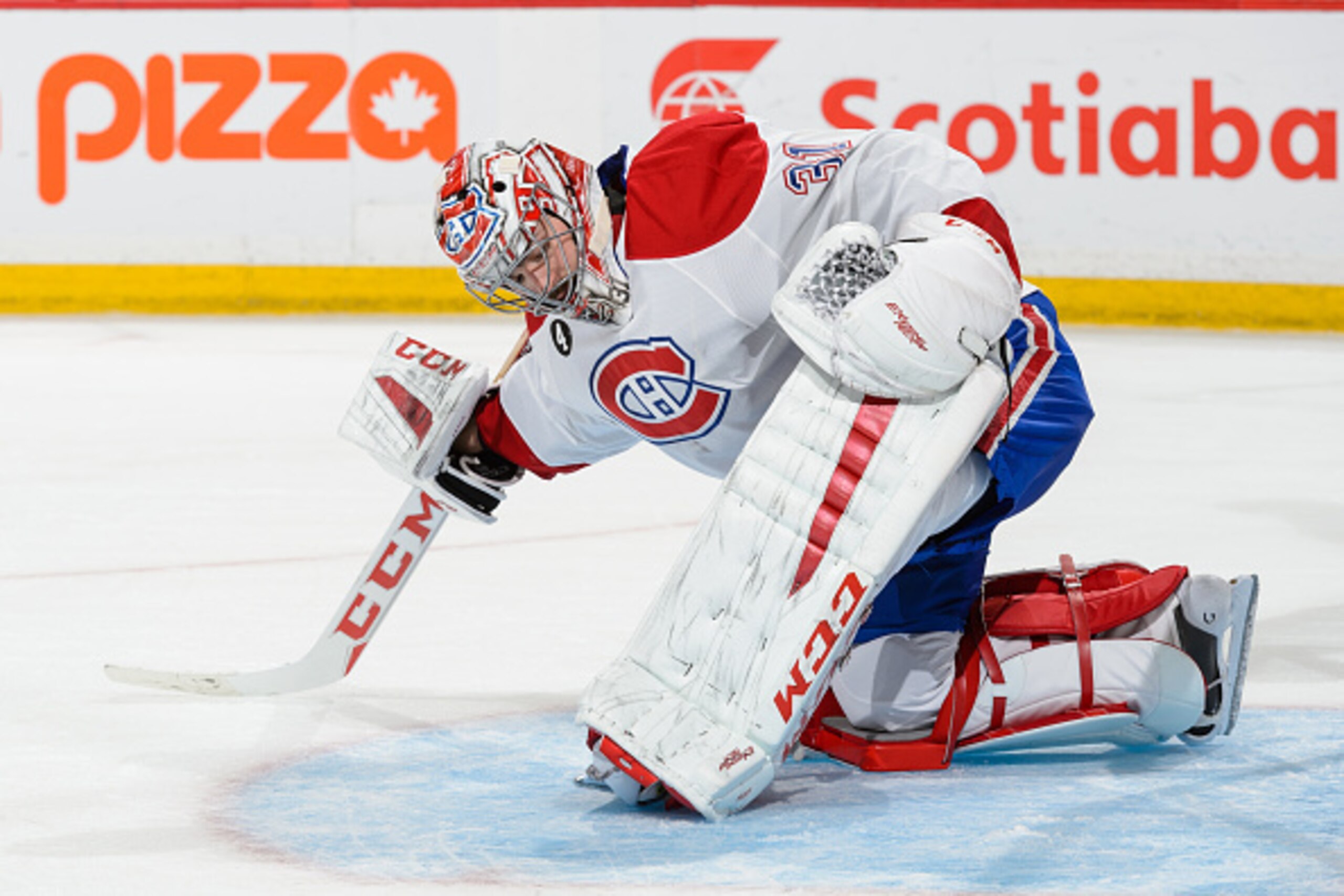 OTTAWA, ON - APRIL 26:  Carey Price #31 of the Montreal Canadiens adjusts his pads in Game Six of the Eastern Conference Quarterfinals against the Ottawa Senators during the 2015 NHL Stanley Cup Playoffs at Canadian Tire Centre on April 26, 2015 in Ottawa