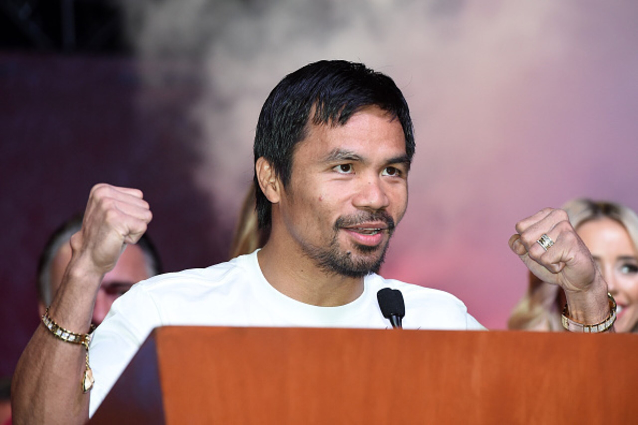 LAS VEGAS, NV - APRIL 28:  WBO welterweight champion Manny Pacquiao speaks during a fan rally at the Mandalay Bay Convention Center on April 28, 2015 in Las Vegas, Nevada. Pacquiao will face WBC/WBA welterweight champion Floyd Mayweather Jr. in a unificat