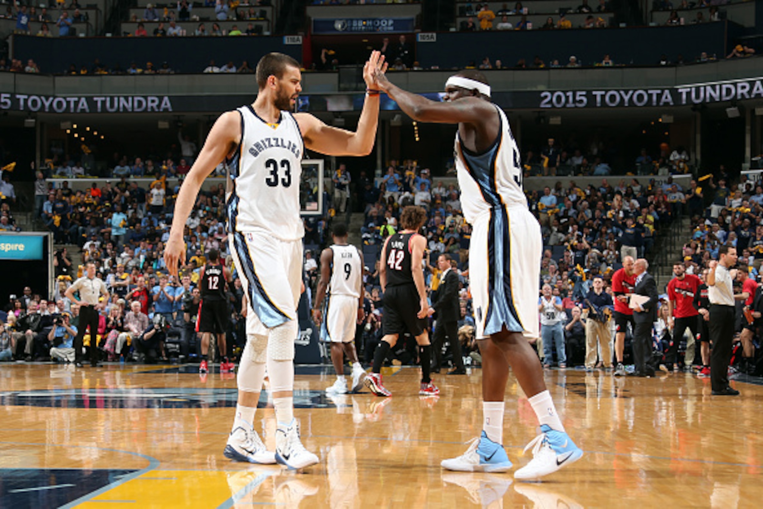 MEMPHIS, TN - APRIL 29: Marc Gasol #33 and Zach Randolph #50 of the Memphis Grizzlies celebrate during a game against the Portland Trail Blazers in Game Five of the Western Conference Quarterfinals of the NBA Playoffs at FedExForum on April 29, 2015 in Me