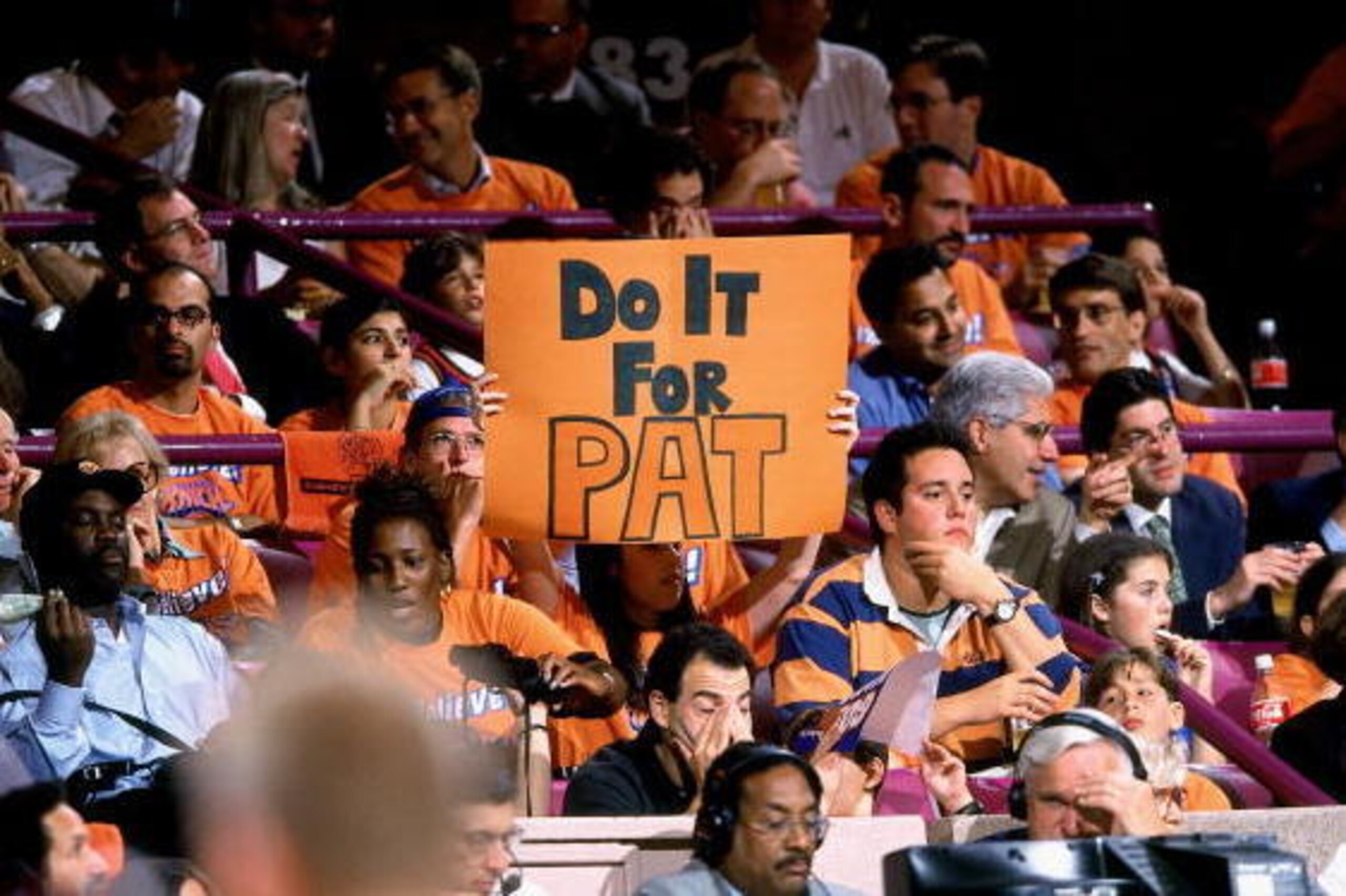 NEW YORK - JUNE 23:  Fans hold a sign that reads 'Do it for Pat,' in reference to Patrick Ewing who did not play against the San Antonio Spurs in Game Four of the 1999 NBA Finals at Madison Square Garden on June 23, 1999 in New York, New York.  The Spurs 