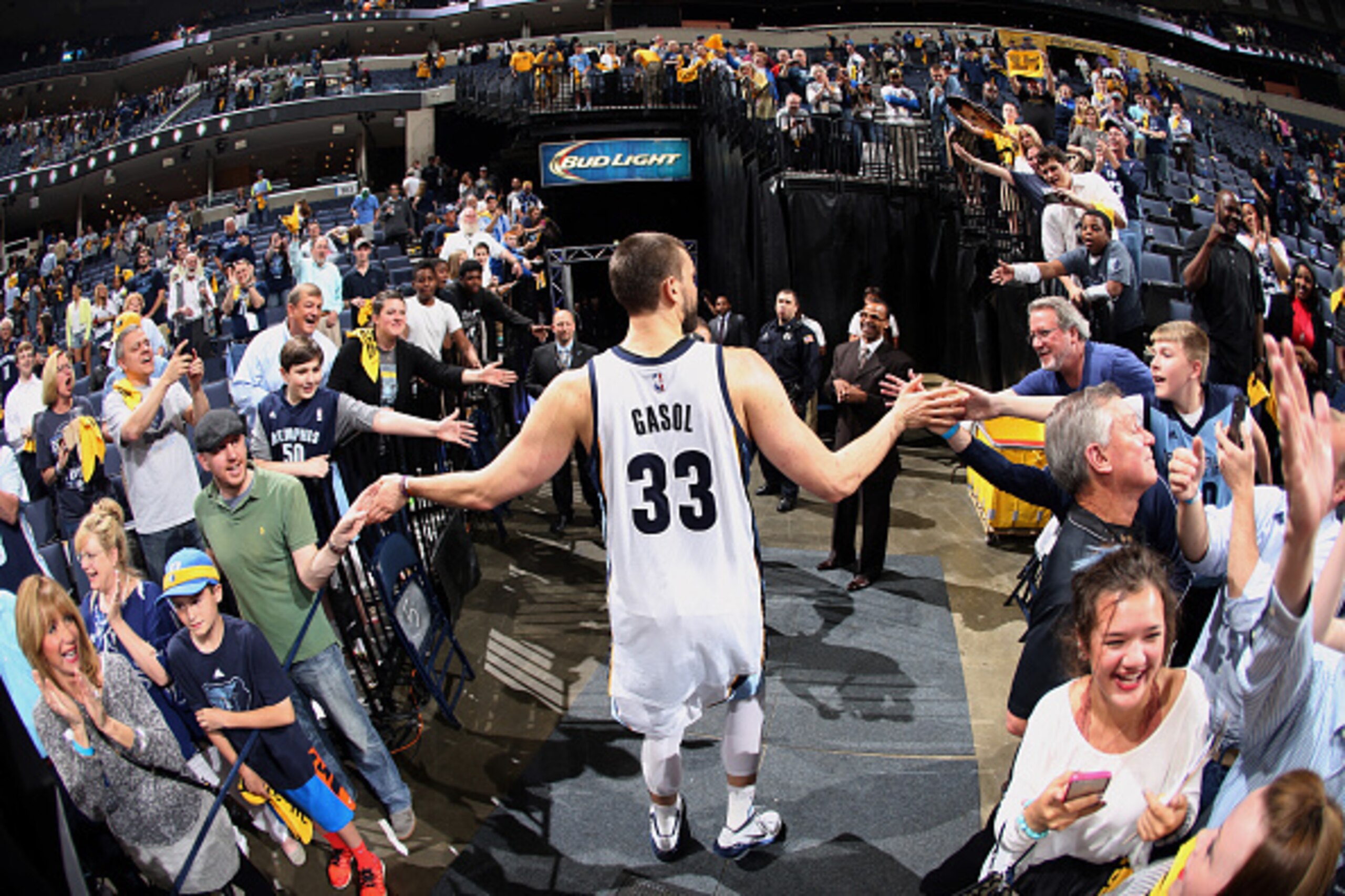 MEMPHIS, TN - APRIL 29: Marc Gasol #33 of the Memphis Grizzlies high fives fans after a game against the Portland Trail Blazers in Game Five of the Western Conference Quarterfinals of the NBA Playoffs at FedExForum on April 29, 2015 in Memphis, Tennessee.