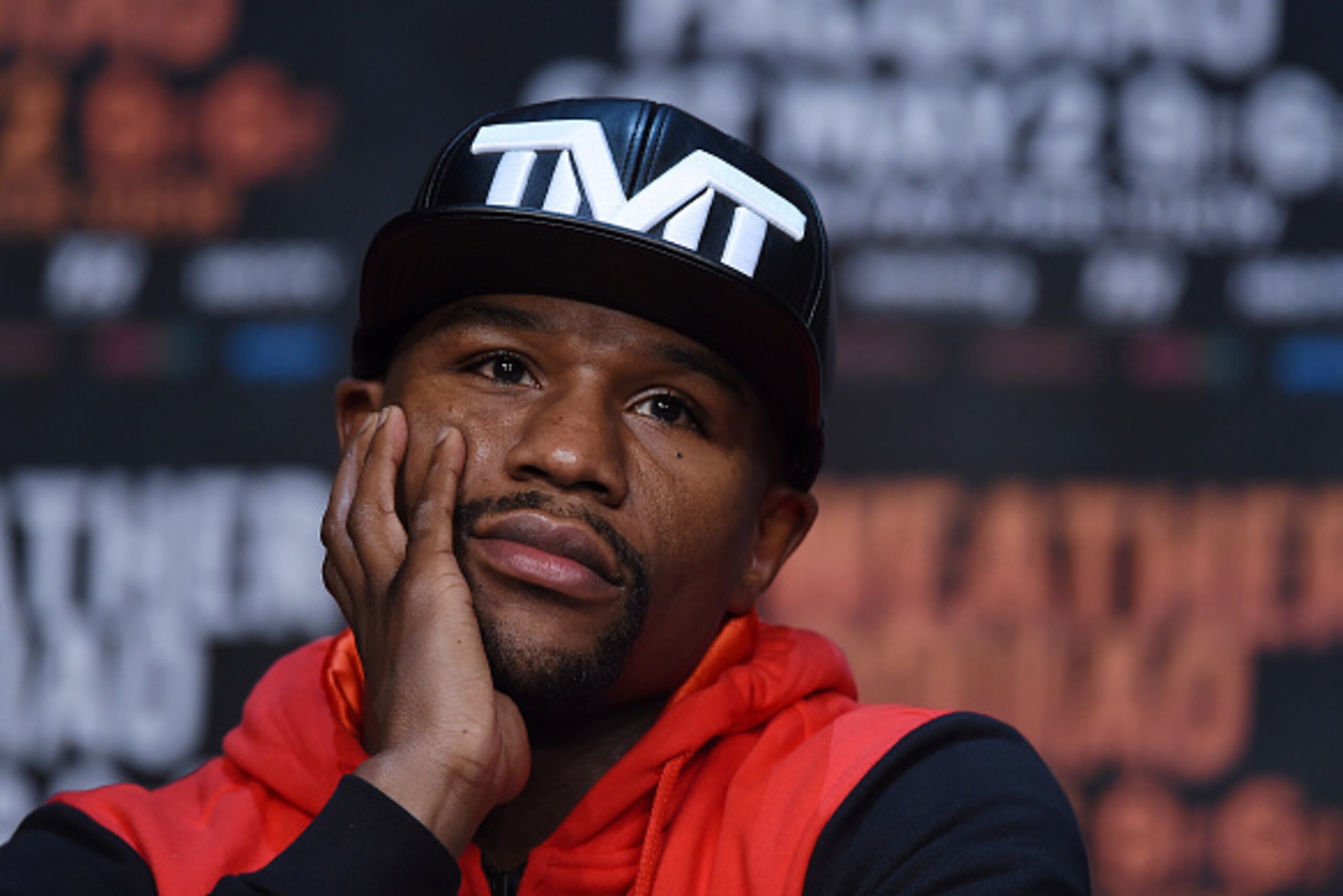 LAS VEGAS, NV - APRIL 29:  WBC/WBA welterweight champion Floyd Mayweather Jr. attends a news conference at the KA Theatre at MGM Grand Hotel & Casino on April 29, 2015 in Las Vegas, Nevada. Mayweather will face WBO welterweight champion Manny Pacquiao in 