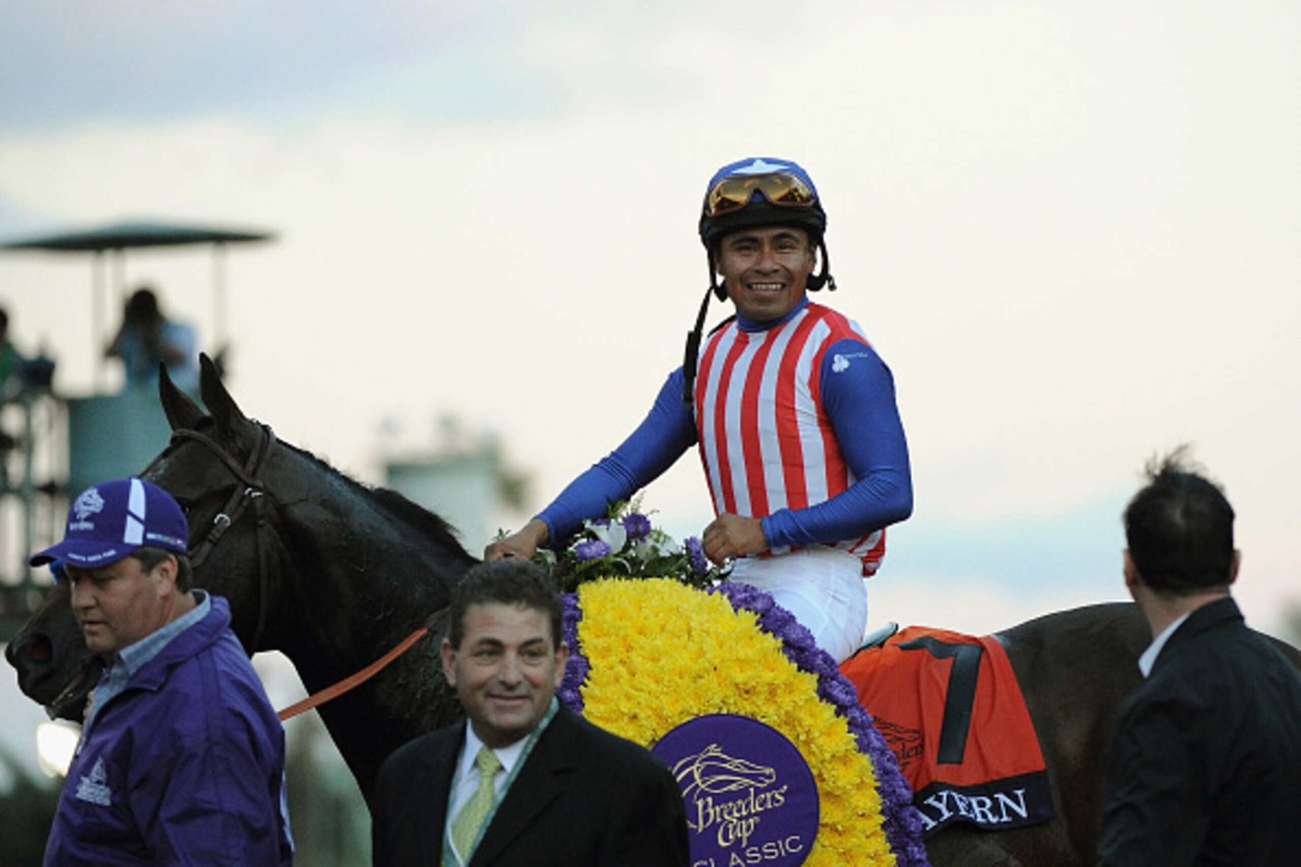 ARCADIA, CA - NOVEMBER 01:  Jockey Martin Garcia celebrates atop Bayern after winning the 2014 Breeders' Cup Classic at Santa Anita Park on November 1, 2014 in Arcadia, California.  (Photo by Harry How/Getty Images)
