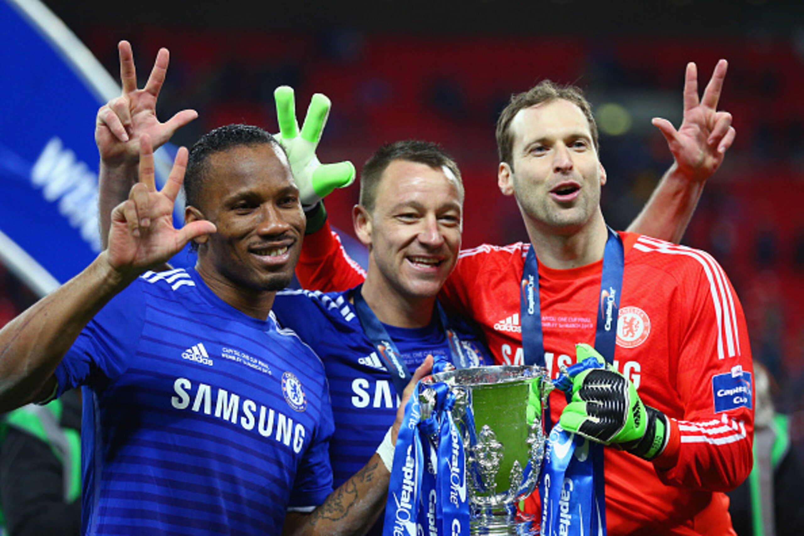 LONDON, ENGLAND - MARCH 01: (L-R) Diego Costa, John Terry and Petr Cech of Chelsea pose with the trophy after the Capital One Cup Final match between Chelsea and Tottenham Hotspur at Wembley Stadium on March 1, 2015 in London, England. (Photo by Clive Ma LONDON, ENGLAND - MARCH 01: (L-R) Diego Costa, John Terry and Petr Cech of Chelsea pose with the trophy after the Capital One Cup Final match between Chelsea and Tottenham Hotspur at Wembley Stadium on March 1, 2015 in London, England. (Photo by Clive Ma
