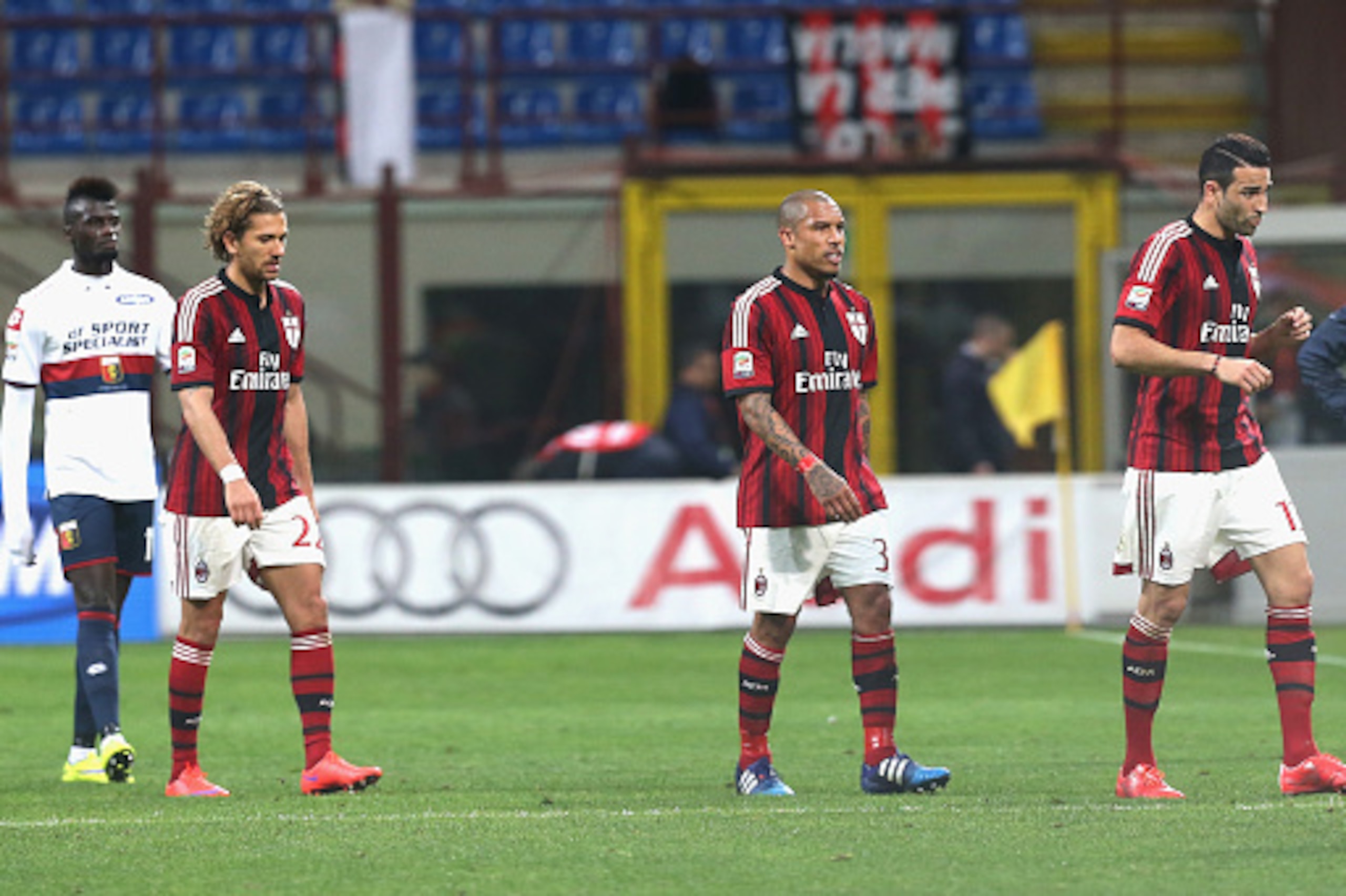 MILAN, ITALY - APRIL 29:  Players of Milan show their dejection during the Serie A match between AC Milan and Genoa CFC  at Stadio Giuseppe Meazza on April 29, 2015 in Milan, Italy.  (Photo by Maurizio Lagana/Getty Images)