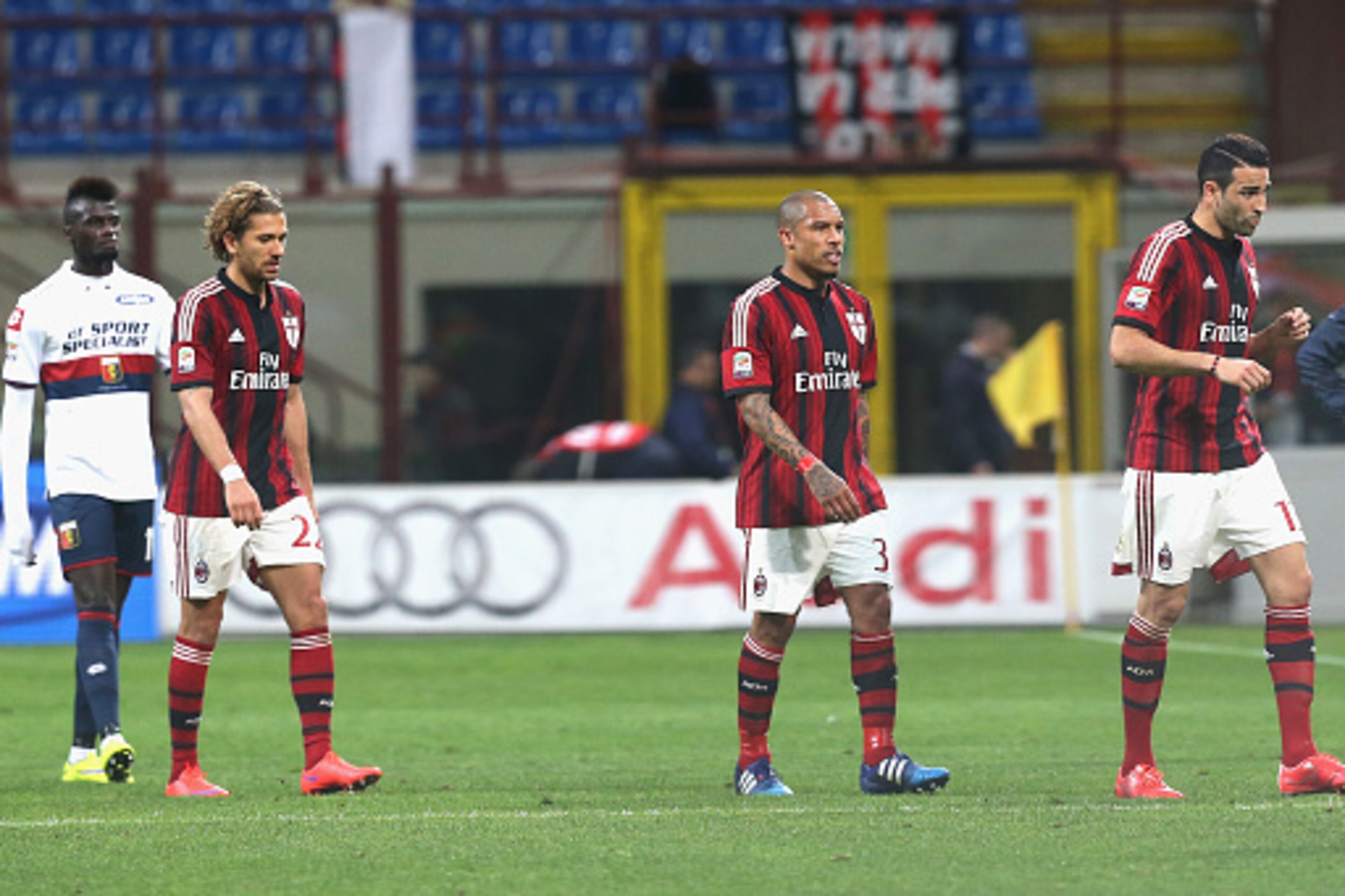 MILAN, ITALY - APRIL 29:  Players of Milan show their dejection during the Serie A match between AC Milan and Genoa CFC  at Stadio Giuseppe Meazza on April 29, 2015 in Milan, Italy.  (Photo by Maurizio Lagana/Getty Images)
