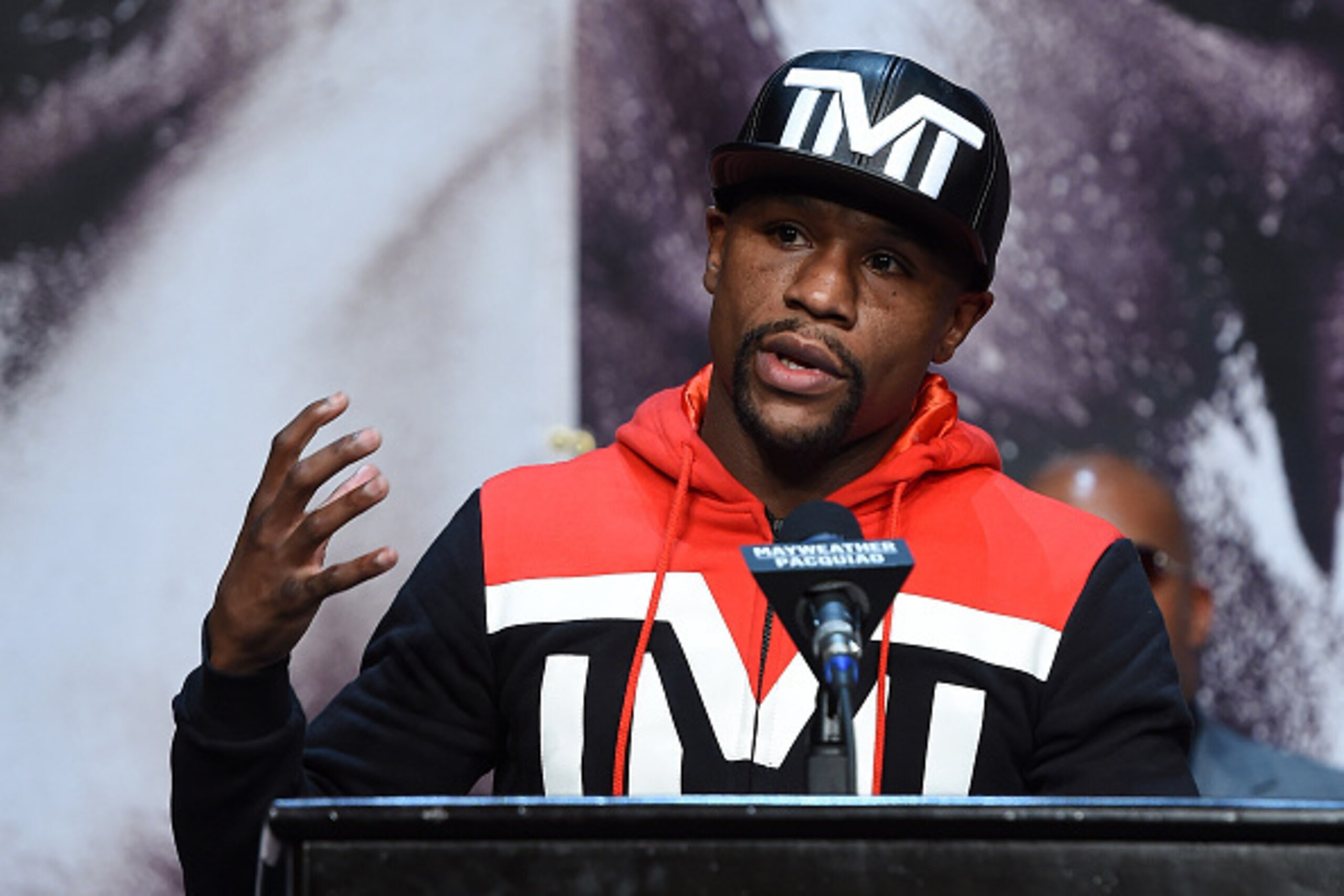 LAS VEGAS, NV - APRIL 29:  WBC/WBA welterweight champion Floyd Mayweather Jr. speaks during a news conference at the KA Theatre at MGM Grand Hotel & Casino on April 29, 2015 in Las Vegas, Nevada. Mayweather will face WBO welterweight champion Manny Pacqui