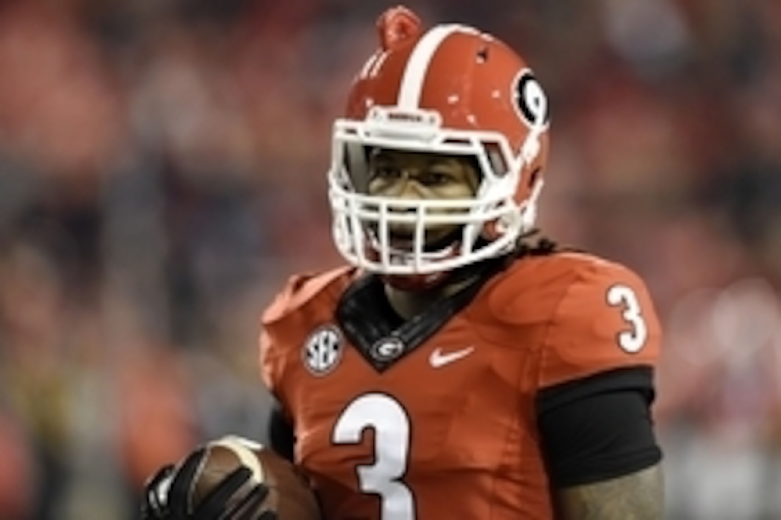 Nov 15, 2014; Athens, GA, USA; Georgia Bulldogs running back Todd Gurley (3) shown on the field prior to the game against the Auburn Tigers at Sanford Stadium. Mandatory Credit: Dale Zanine-USA TODAY Sports