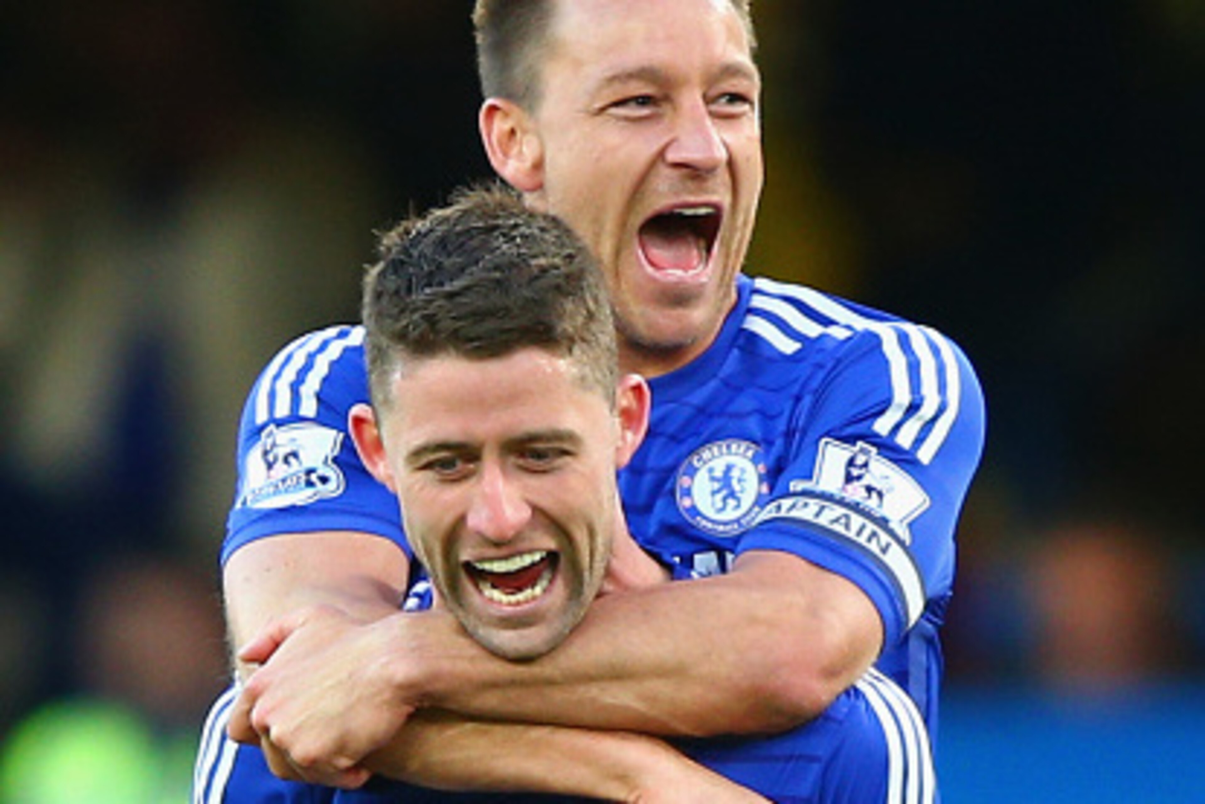LONDON, ENGLAND - APRIL 18:  John Terry and Gary Cahill of Chelsea celebrate after the Barclays Premier League match between Chelsea and Manchester United at Stamford Bridge on April 18, 2015 in London, England.  (Photo by Ian Walton/Getty Images)