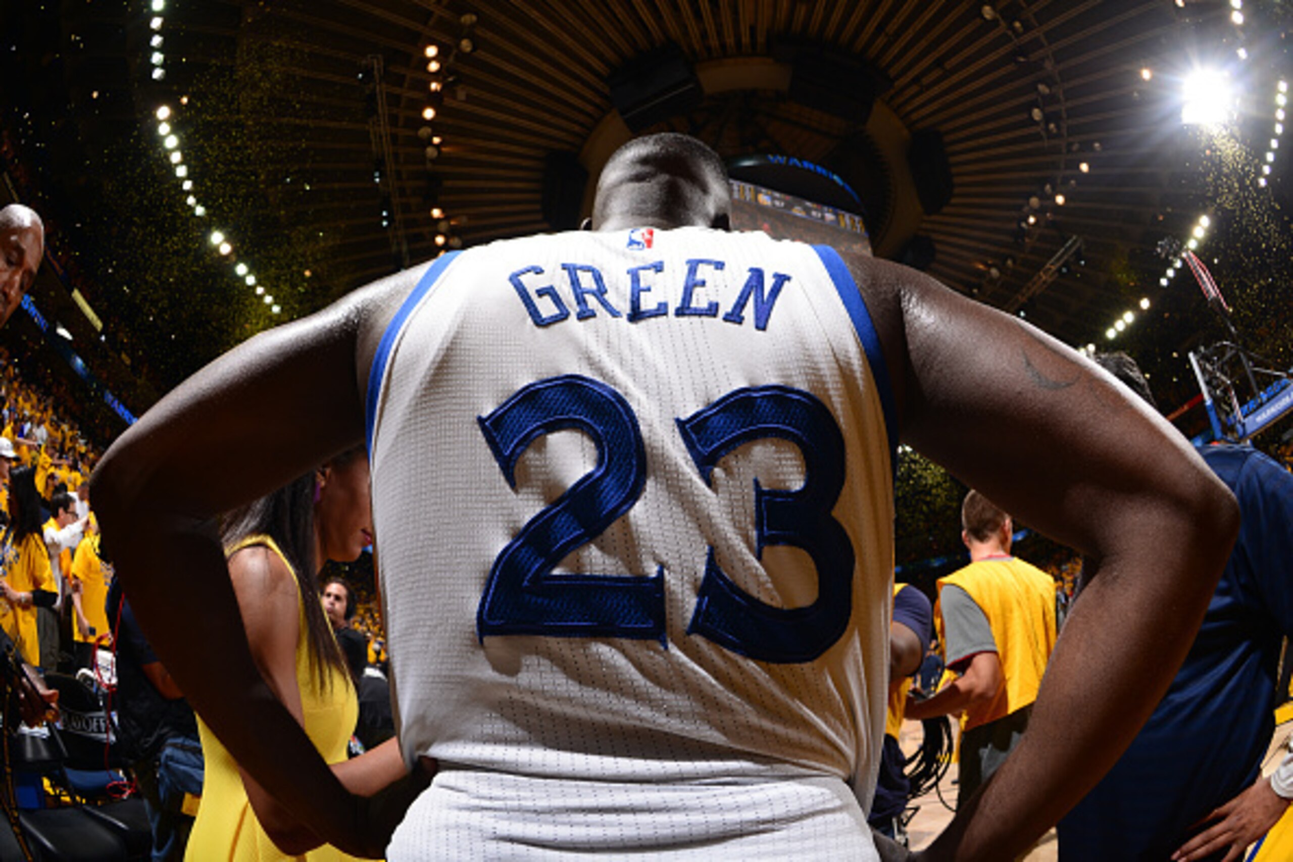 OAKLAND, CA - APRIL 20: Draymond Green #23 of the Golden State Warriors while facing the New Orleans Pelicans on Game Two of the Western Conference Quarterfinals during the NBA Playoffs on April 20, 2015 at Oracle Arena in Oakland, California. NOTE TO USE