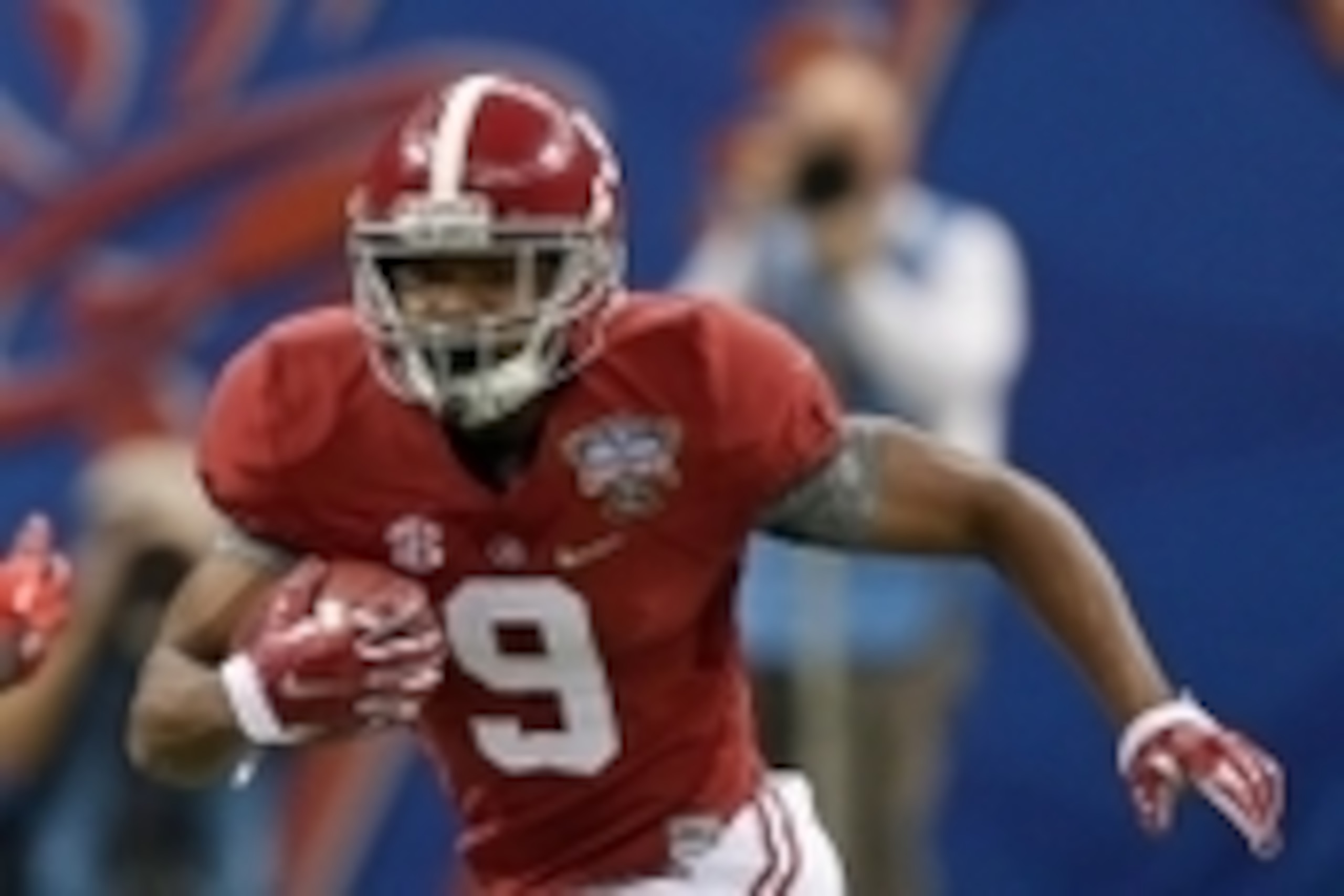 Jan 1, 2015; New Orleans, LA, USA; Alabama Crimson Tide wide receiver Amari Cooper (9) runs after a catch against the Ohio State Buckeyes in the third quarter of the 2015 Sugar Bowl at Mercedes-Benz Superdome. Mandatory Credit: Chuck Cook-USA TODAY Sports