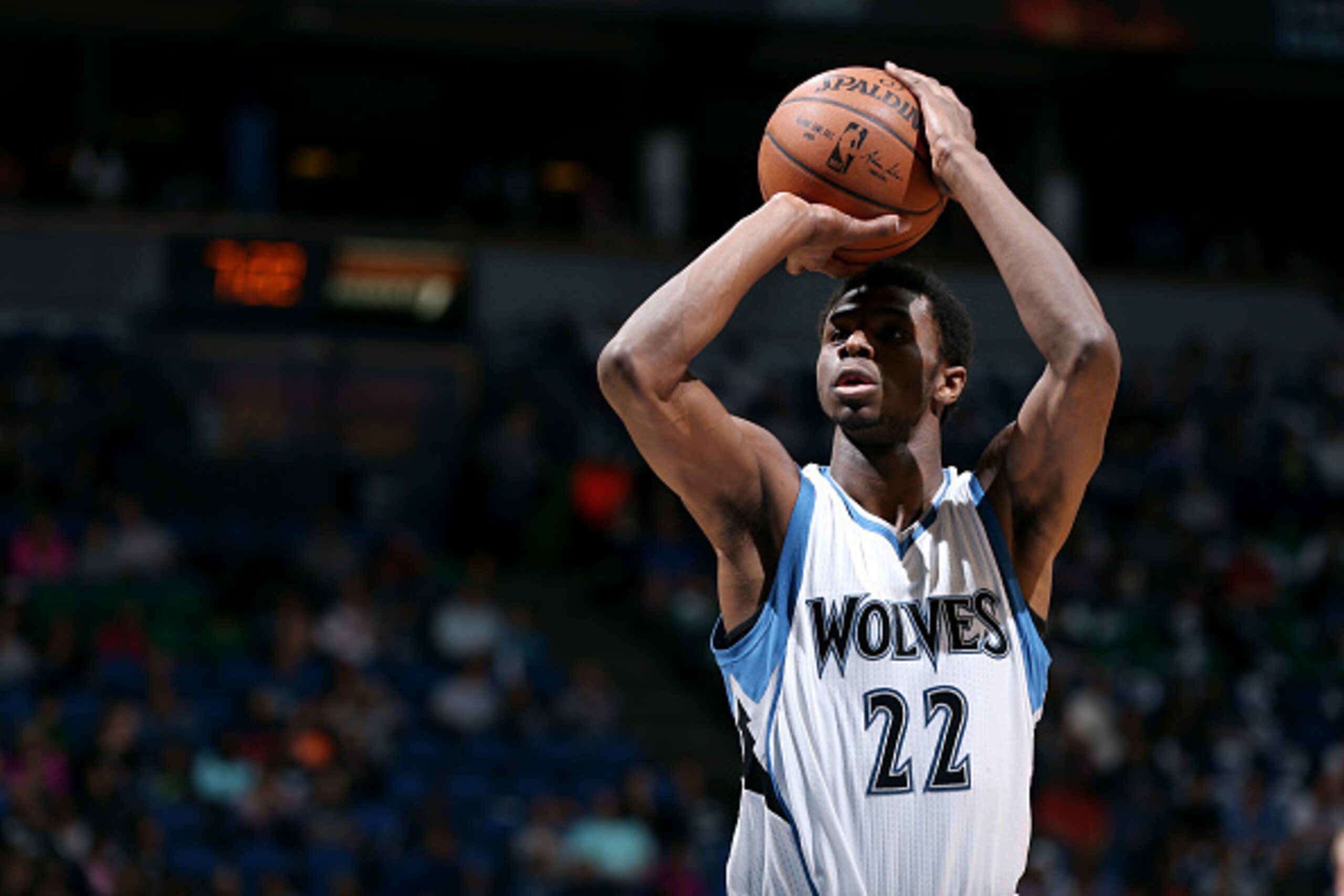 MINNEAPOLIS, MN - APRIL 15: Andrew Wiggins #22 of the Minnesota Timberwolves attempts a free throw against the Oklahoma City Thunder on April 15, 2015 at Target Center in Minneapolis, Minnesota. NOTE TO USER: User expressly acknowledges and agrees that, b