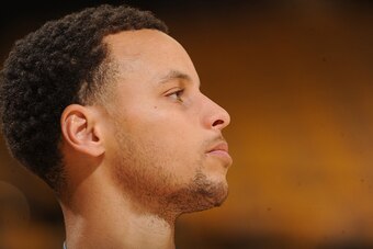 OAKLAND, CA - APRIL 20:  A close up shot of Stephen Curry #30 of the Golden State Warriors as he warms up before Game Two of the Western Conference Quarterfinals against the New Orleans Pelicans during the NBA Playoffs on April 20, 2015 at Oracle Arena in
