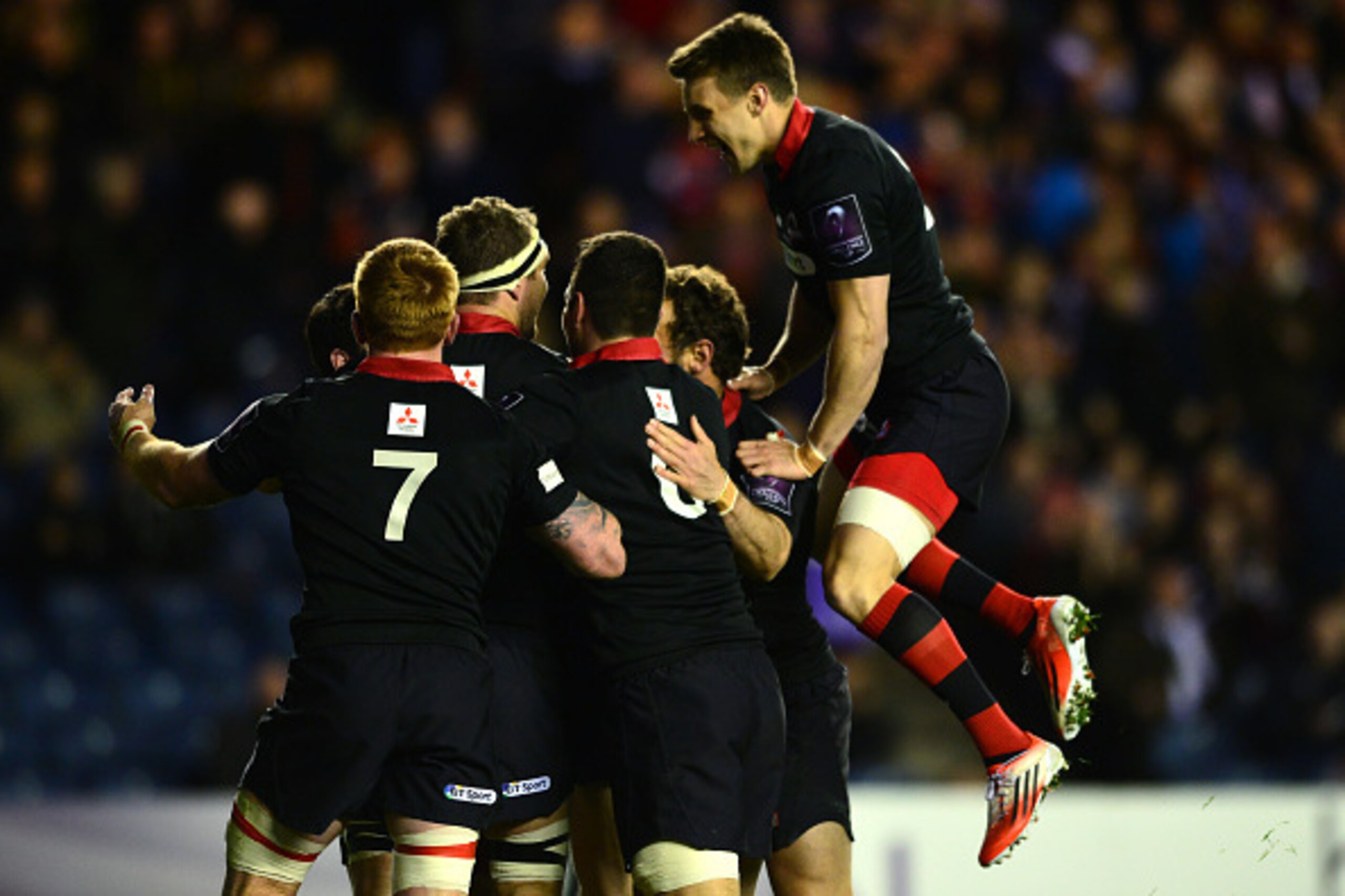 EDINBURGH, SCOTLAND - APRIL 17: The Edinburgh Rugby team celebrate with Sam Hadalgo-Clyne after he scored a try in the second half during the European Rugby Challenge Cup Semi Final match, between Edinburgh Rugby and Newport Gwent Dragons at Murrayfield S