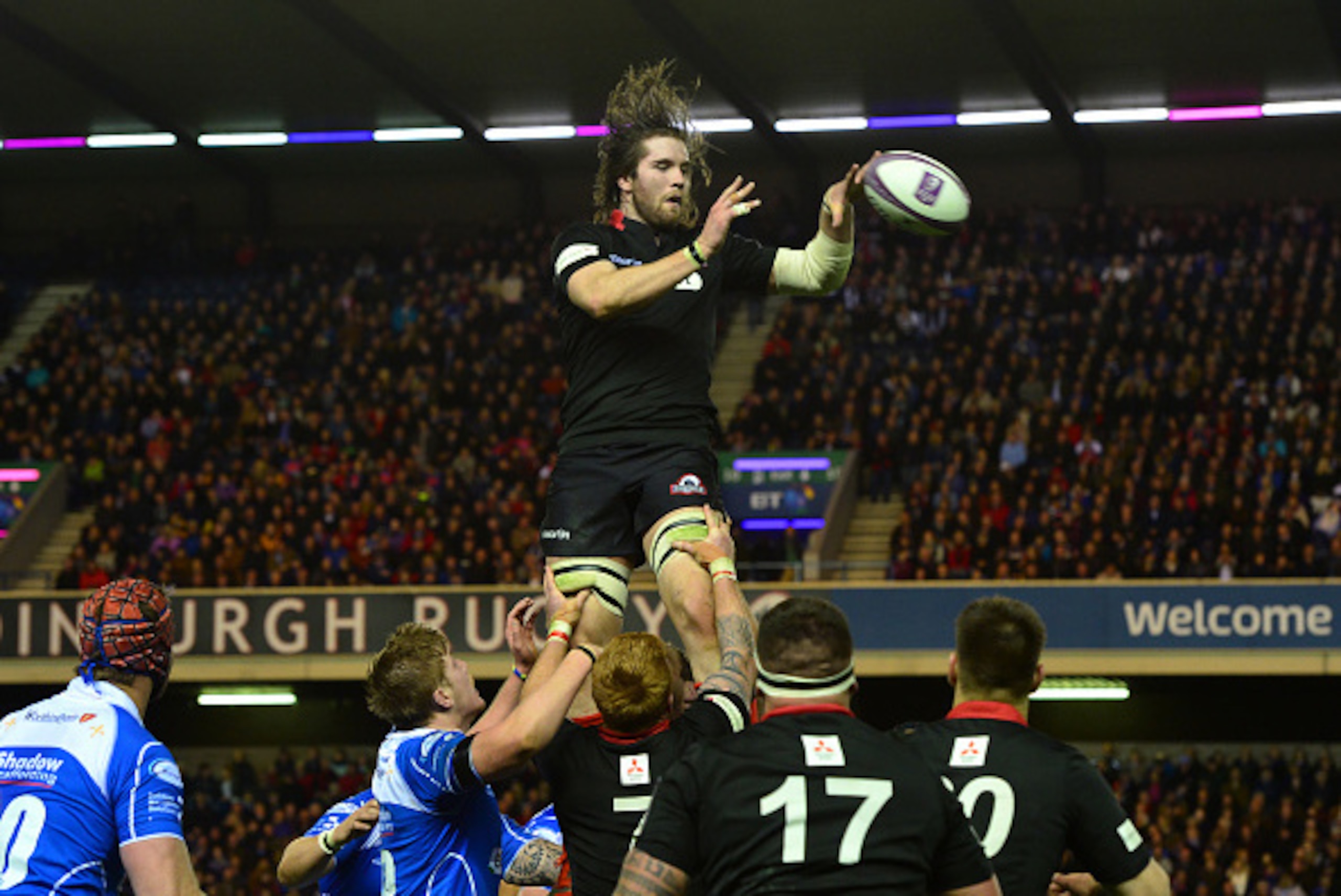 EDINBURGH, SCOTLAND - APRIL 17: Ben Toolis of Edinburgh Rugby catches the ball from a line out during the European Rugby Challenge Cup Semi Final match between Edinburgh Rugby and Newport Gwent Dragons at Murrayfield Stadium on April 17, 2015 in Edinburgh